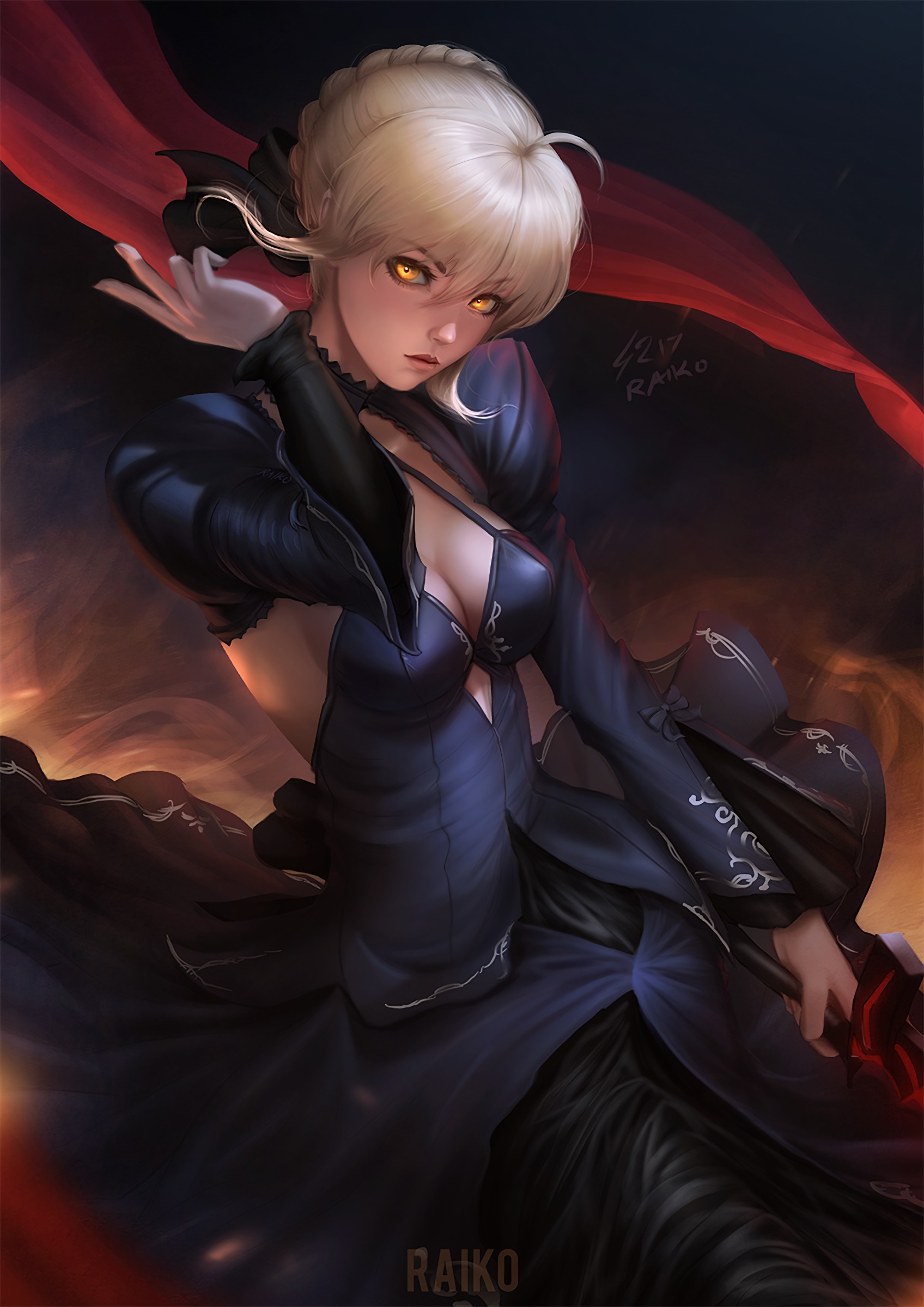 Anime 1696x2400 Fate series Fate/Grand Order fate/stay night: heaven's feel anime girls 2D fan art digital art portrait display black dress cleavage fantasy weapon yellow eyes Saber Alter looking at viewer Sean Tay blonde Artoria Pendragon