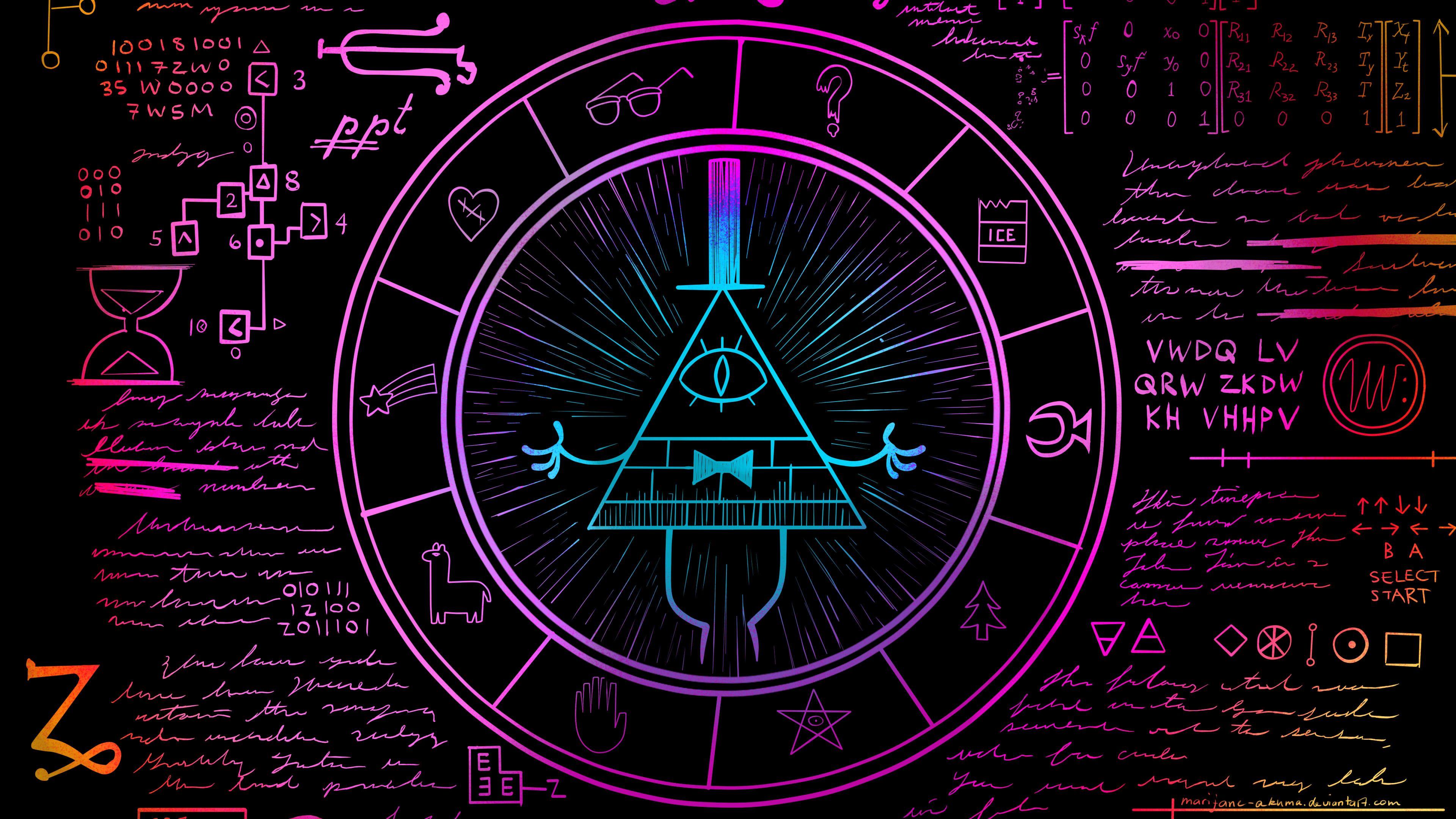 General 3840x2160 dark neon circle colorful artwork symbolism Gravity Falls Bill Cipher  occult diagrams formula symbols notes ancient