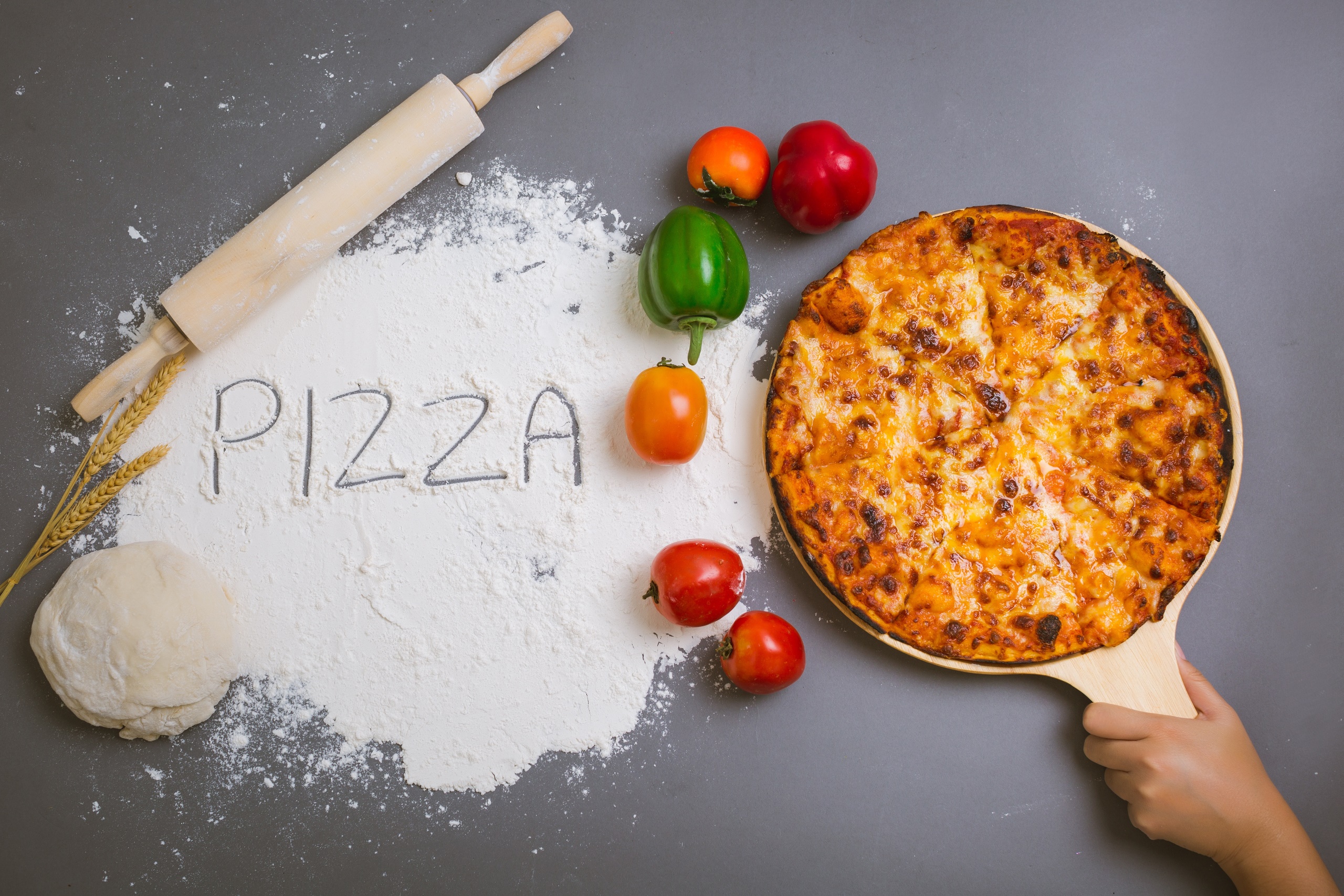 General 2560x1707 pizza food vegetables tomatoes pepper flour wheat rolling pin closeup simple background