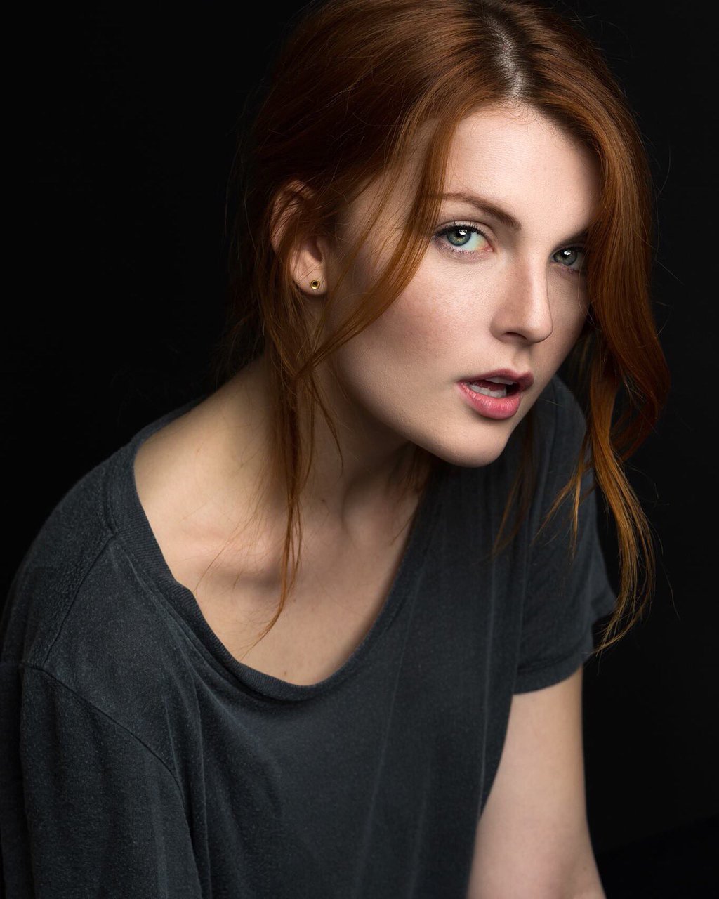 People 1024x1280 Elyse DuFour women actress blue eyes redhead portrait black t-shirt T-shirt