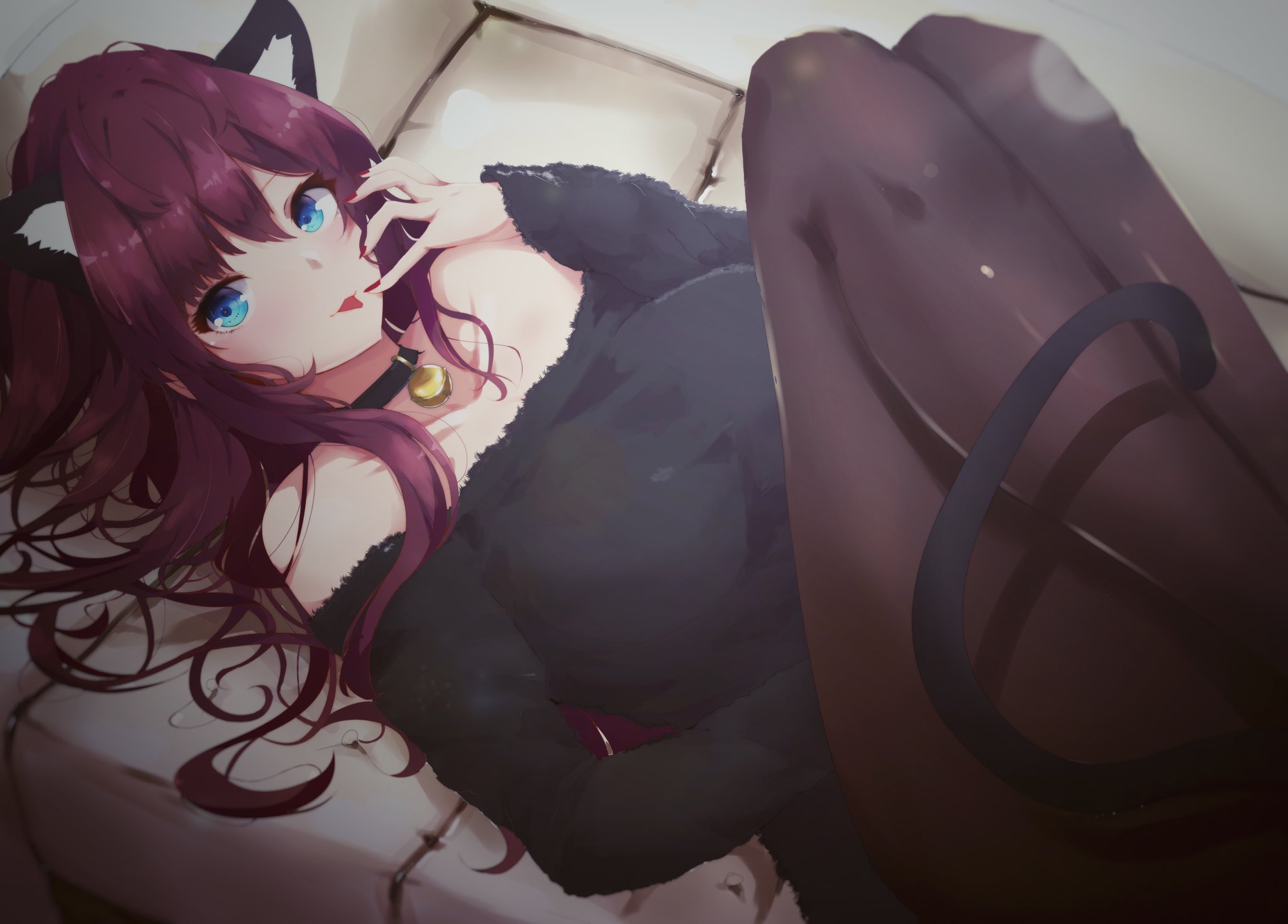 Anime 2048x1470 THE iDOLM@STER anime girls cat ears blue eyes long hair redhead necklace tail lying on back pantyhose bare shoulders