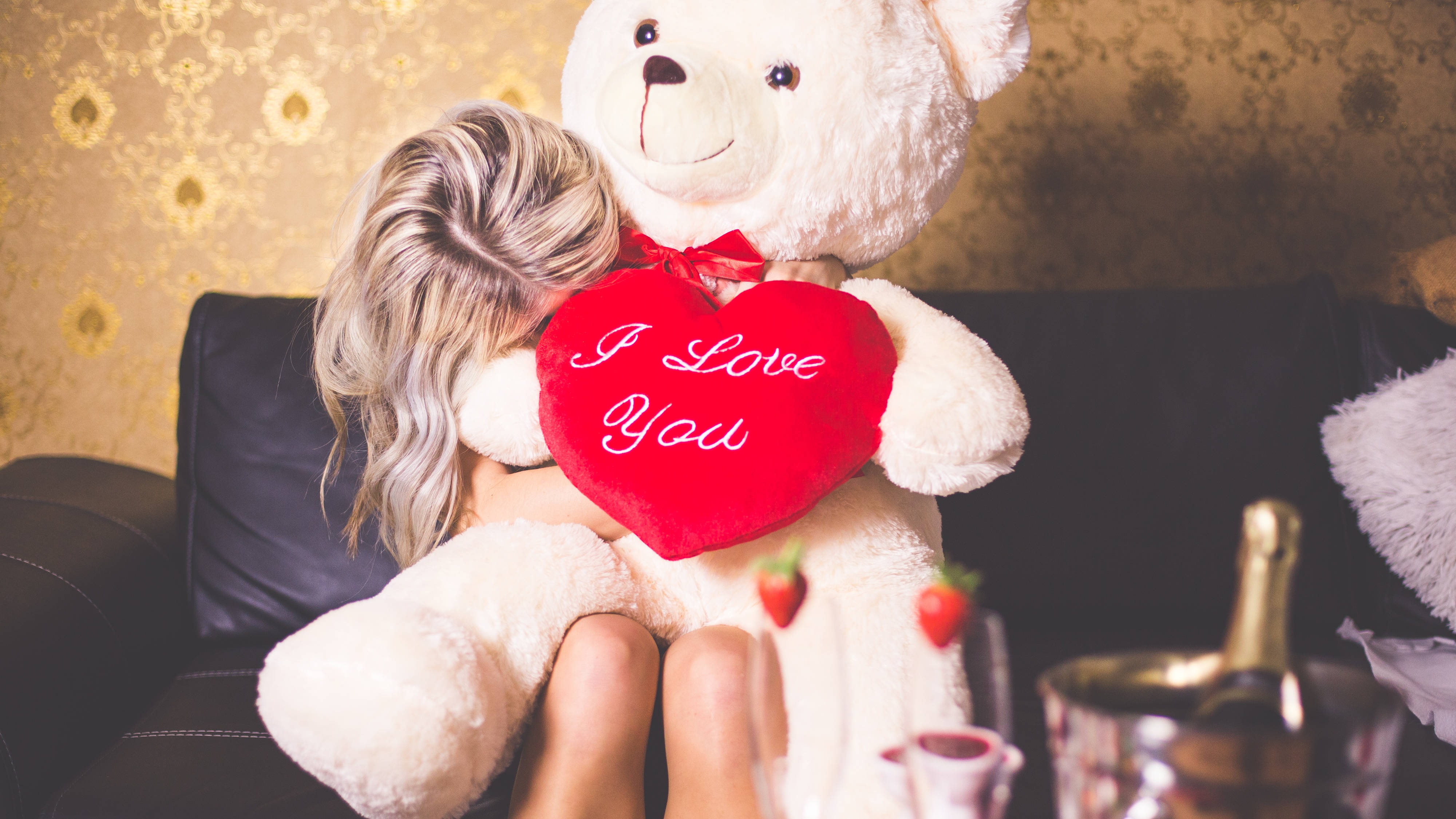 People 4000x2250 women blonde dyed hair teddy bears heart pillow couch strawberries champagne love red bow stuffed animal glasses bucket
