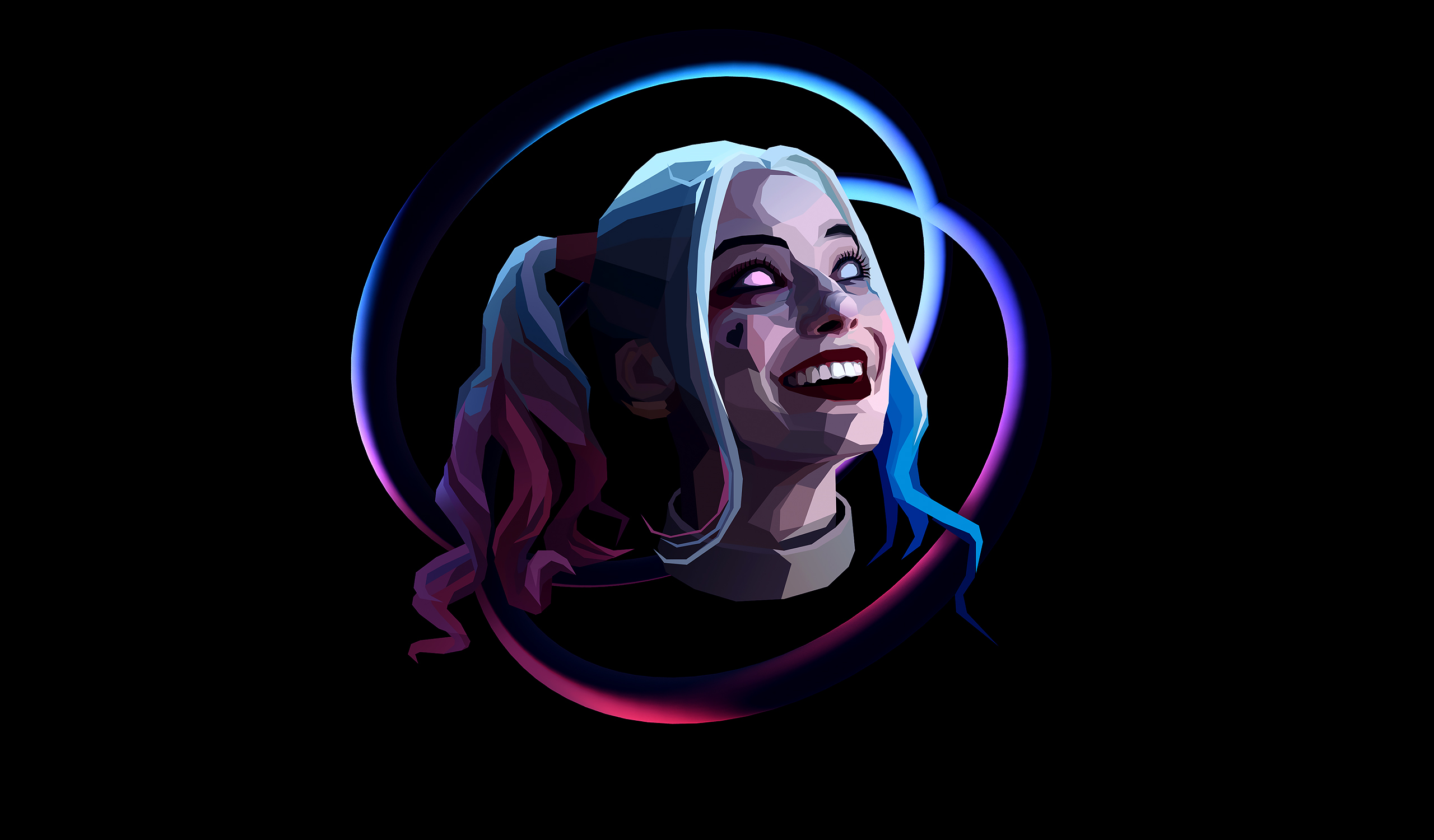 People 2560x1500 Harley Quinn digital art artwork abstract face simple background black background dark background turtlenecks long hair twintails dyed hair blue red purple lipstick red lipstick looking up wavy hair smiling colorful women