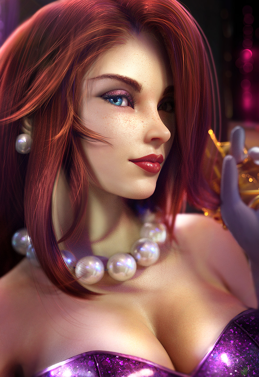 General 900x1309 Sevenbees CGI women League of Legends Miss Fortune (League of Legends) redhead long hair straight hair makeup eyeshadow eyeliner lipstick necklace beads earring