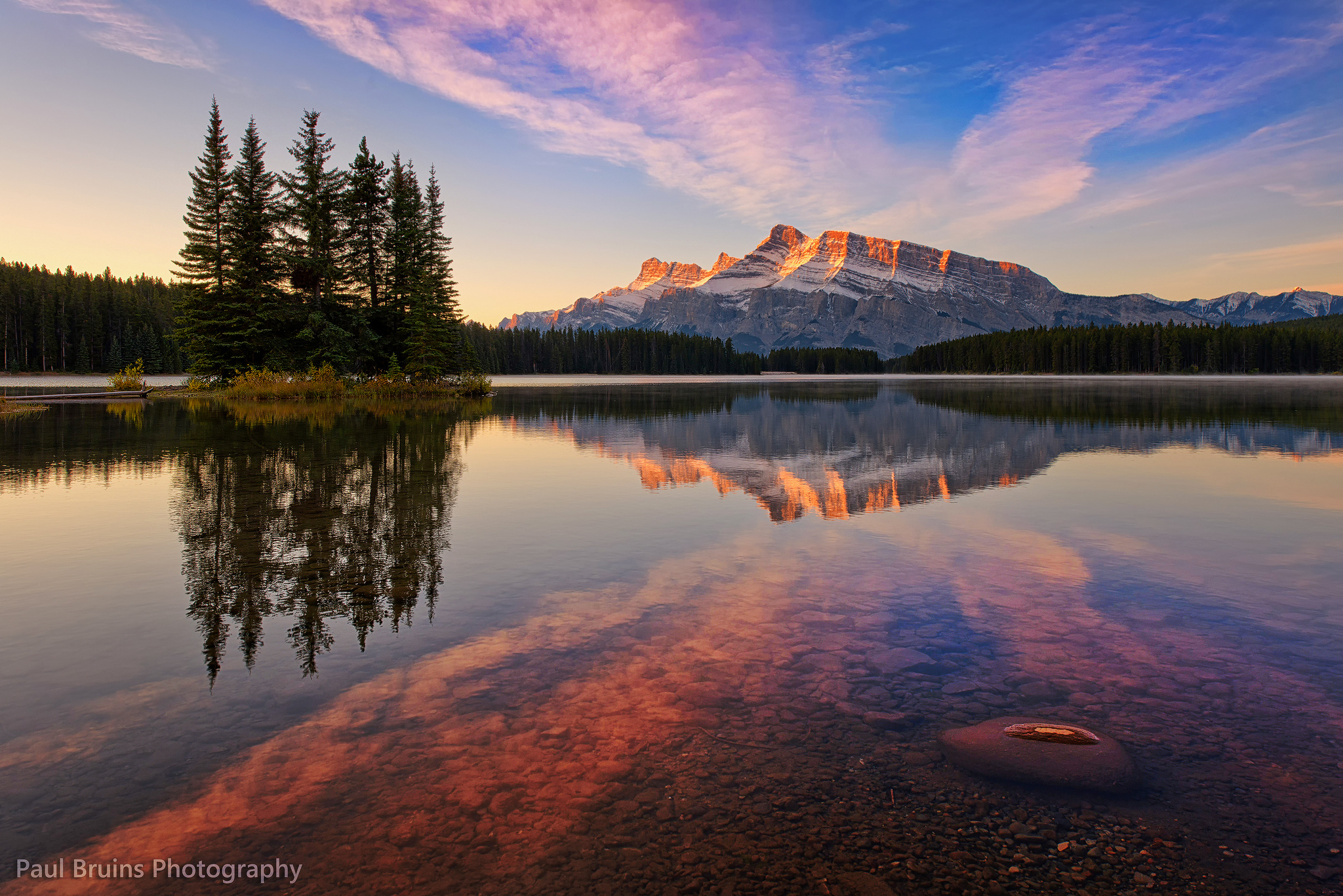 General 2048x1367 Canada Banff Banff National Park Mount Rundle mountains landscape nature trees lake Alberta water reflection clouds watermarked
