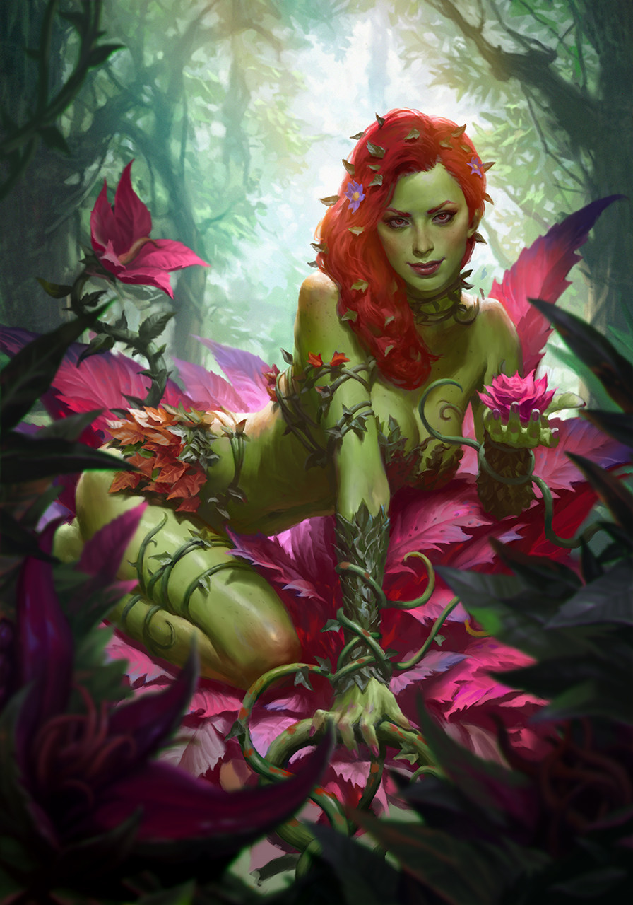 General 896x1280 digital art drawing Poison Ivy flowers redhead plants fantasy girl leaves cleavage green skin Heonhwa Choe