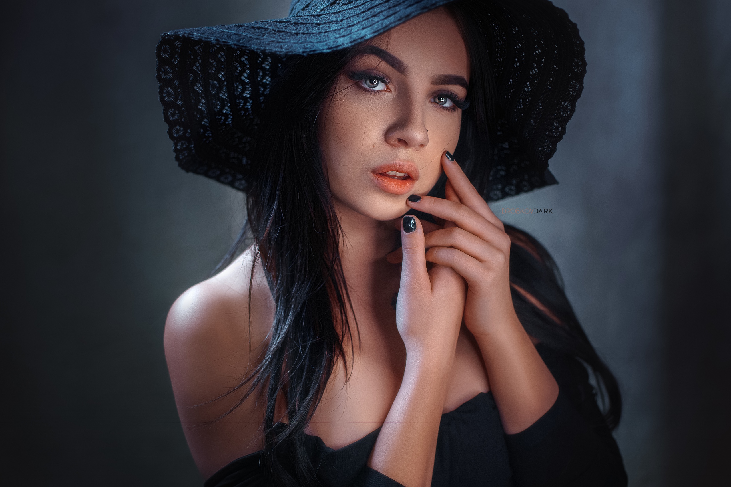 People 2560x1707 Angelina Sorokina women model dark hair women with hats hat indoors looking at viewer open mouth touching face black nails portrait bare shoulders dress black dress women indoors Alexander Drobkov simple background watermarked closeup