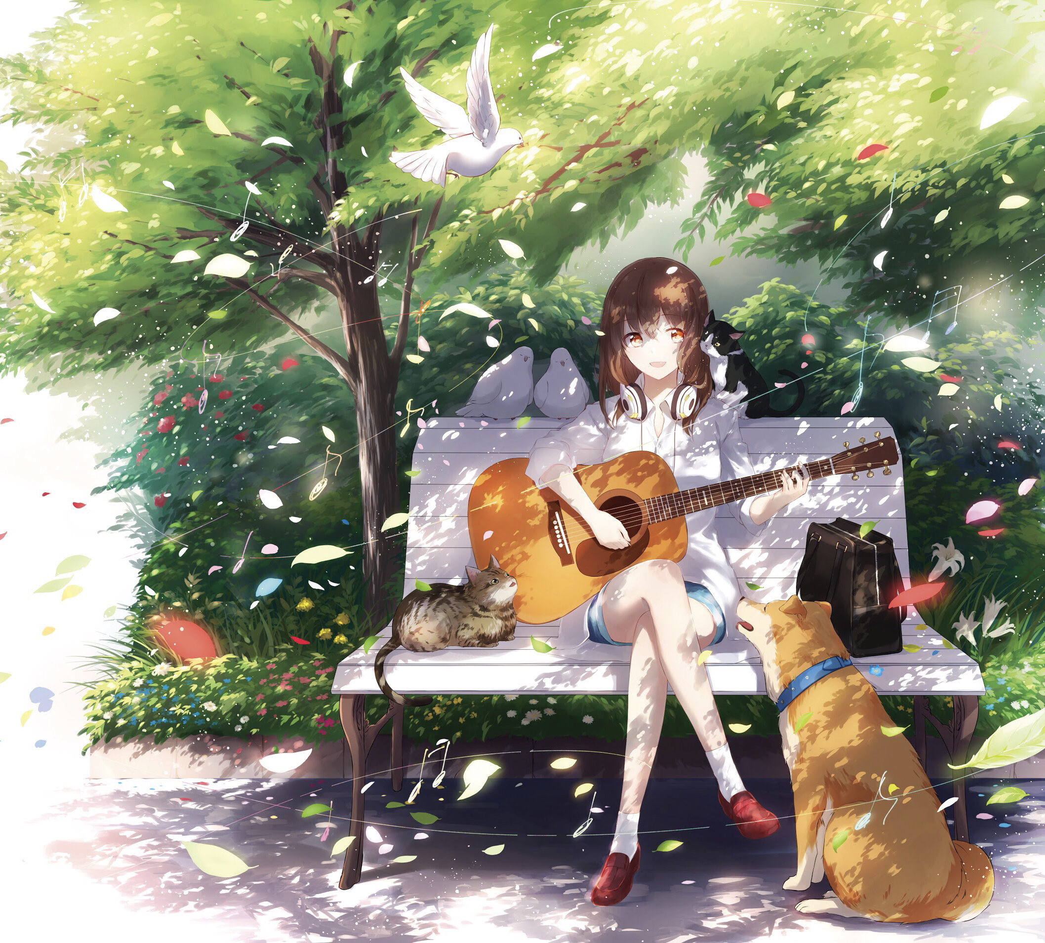 Anime 2116x1910 guitar anime anime girls dog cats original characters sunlight petals leaves flowers birds animals sitting legs crossed headphones smiling brunette musical notes on bench grass