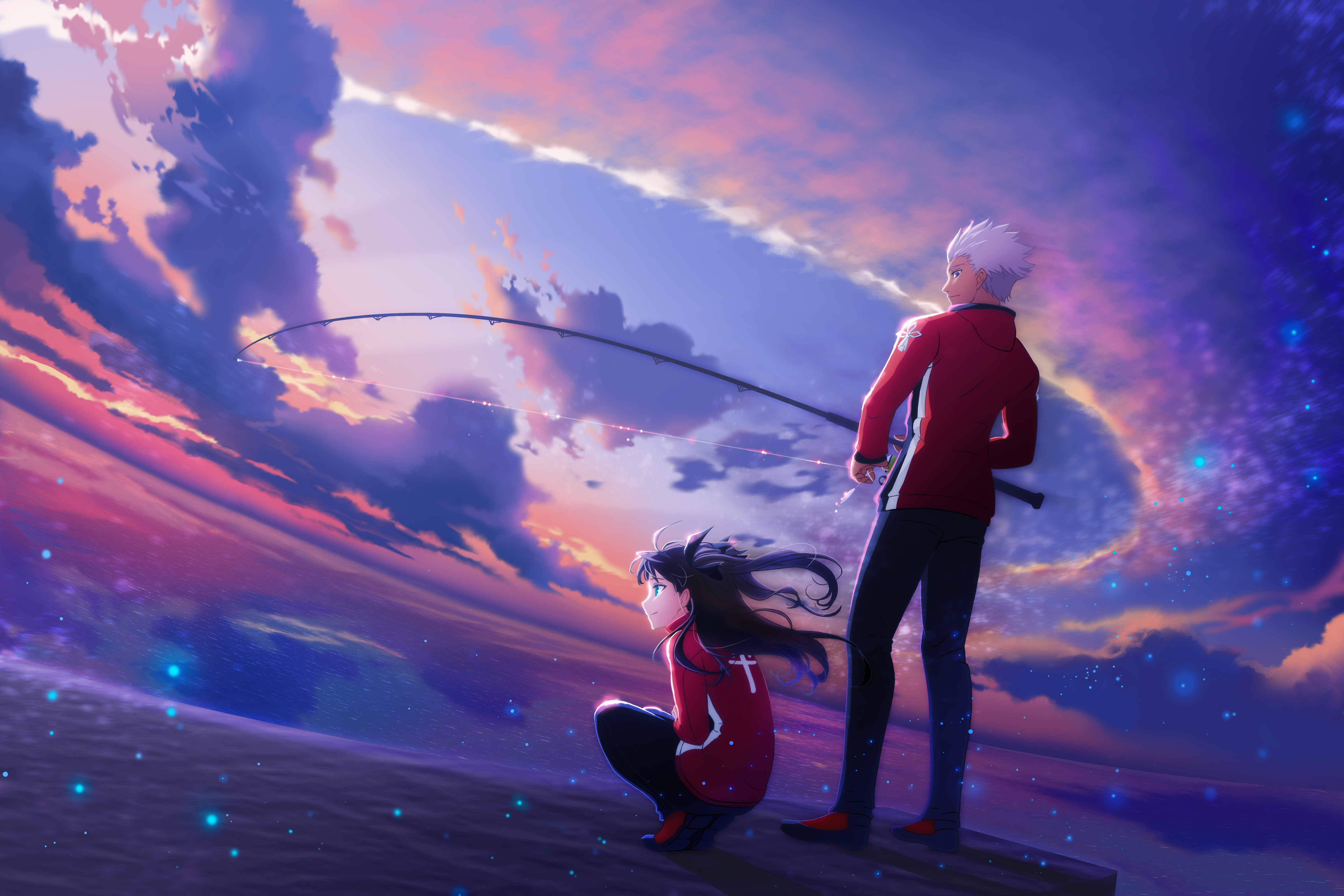Anime 6000x4000 Fate series Fate/Stay Night Fate/Stay Night: Unlimited Blade Works anime girls anime boys alternate costume 2D black pants black ribbons twintails fishing rod rear view ocean view looking away clouds smiling blue eyes Tohsaka Rin Archer (Fate/Stay Night) long hair black hair white hair short hair bangs hair in face fan art anime red jackets hair blowing in the wind squatting standing sky
