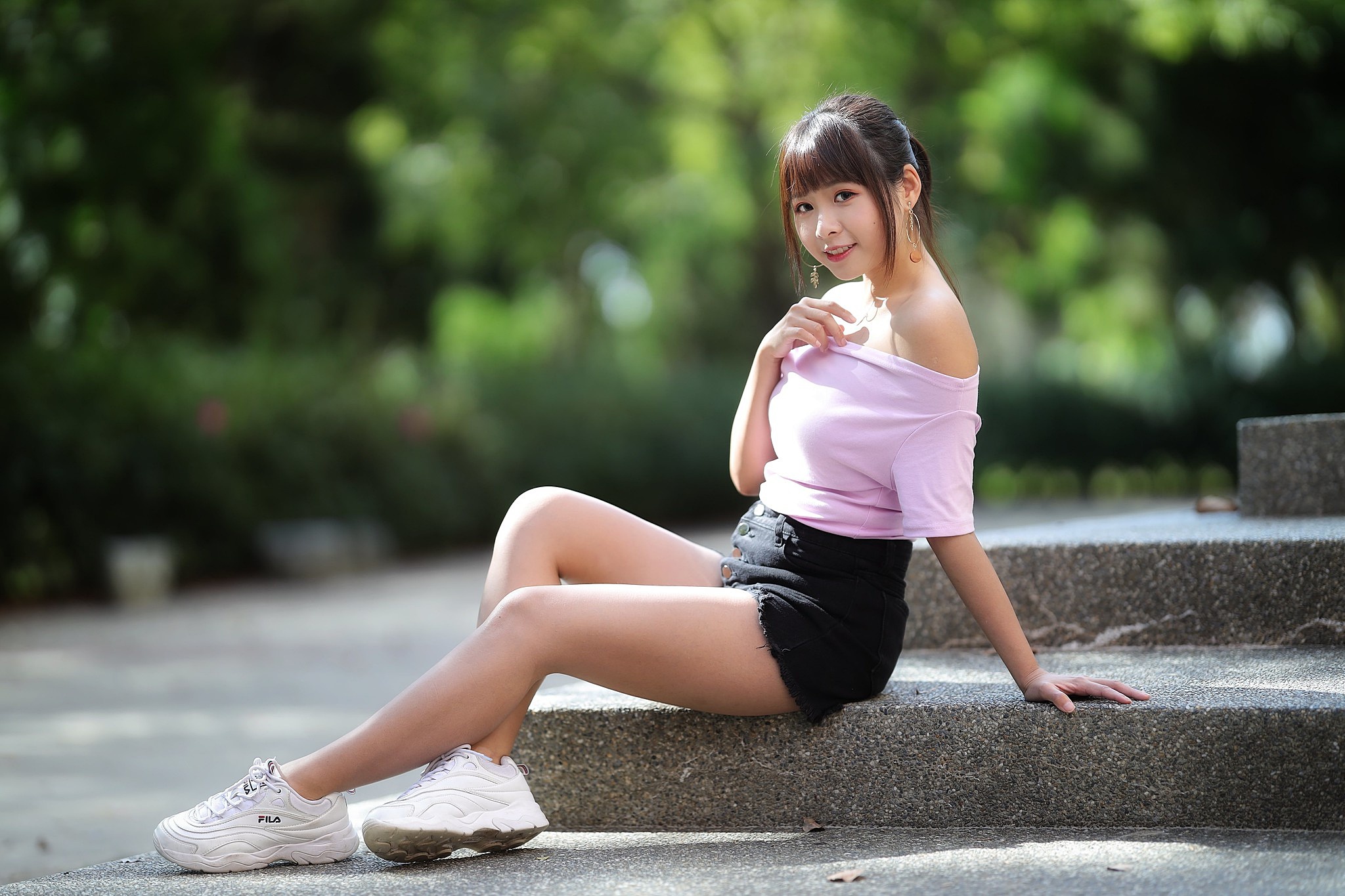 People 2048x1365 Asian women model sitting sneakers black shorts pink tops stairs ponytail depth of field plants bare shoulders no socks white sneakers