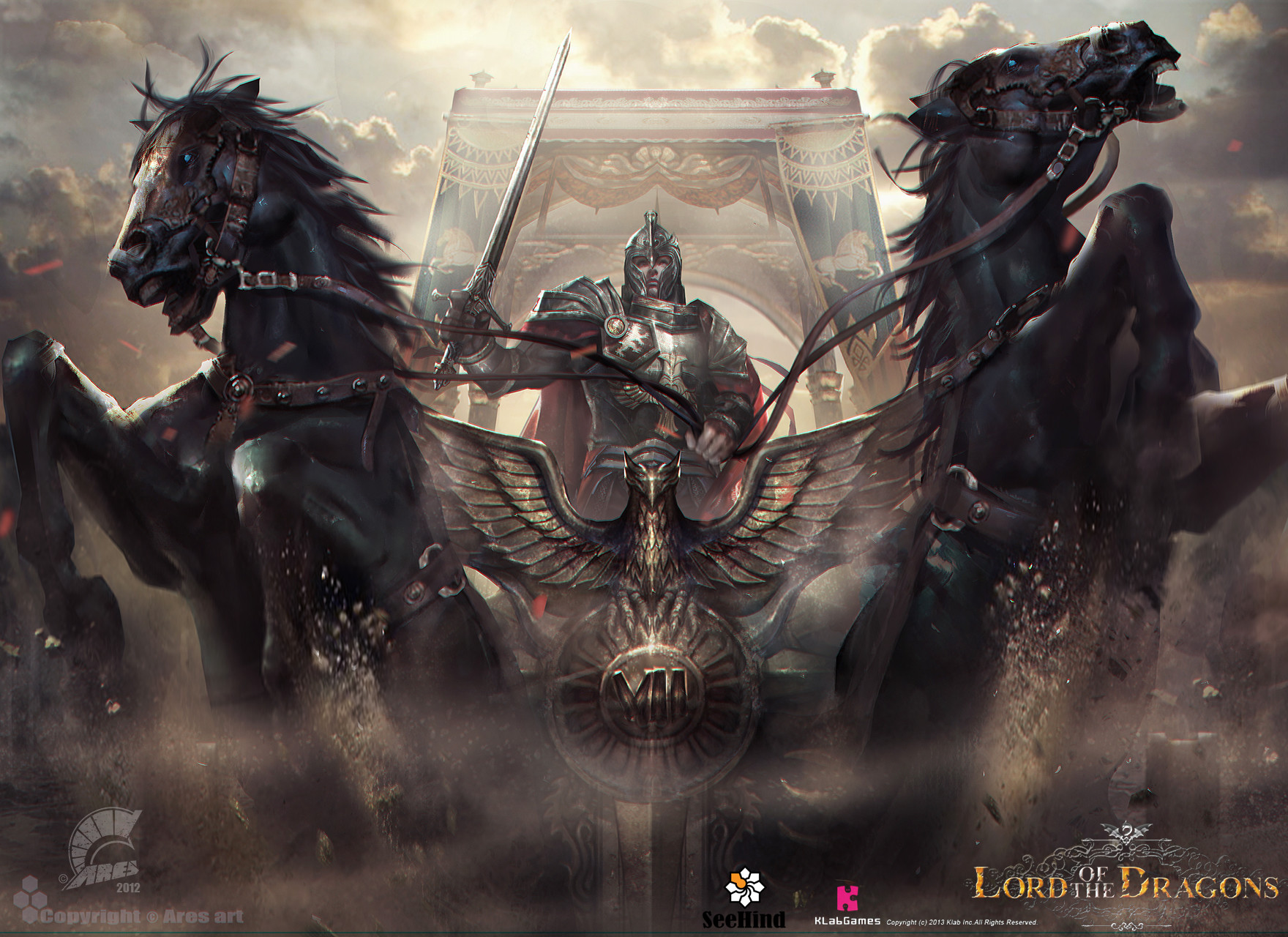 General 1760x1280 drawing Chariot warrior weapon sword armor cape helmet horse wings clouds charge frontal view low-angle gallop video game art video games Ares (artist)