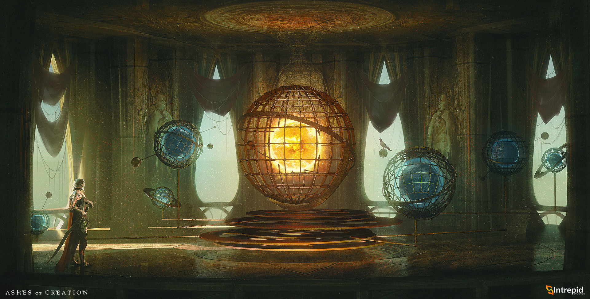 General 1920x975 glowing fire globes floating warrior weapon sword cape Sun planet fantasy art artwork Intrepid Studios