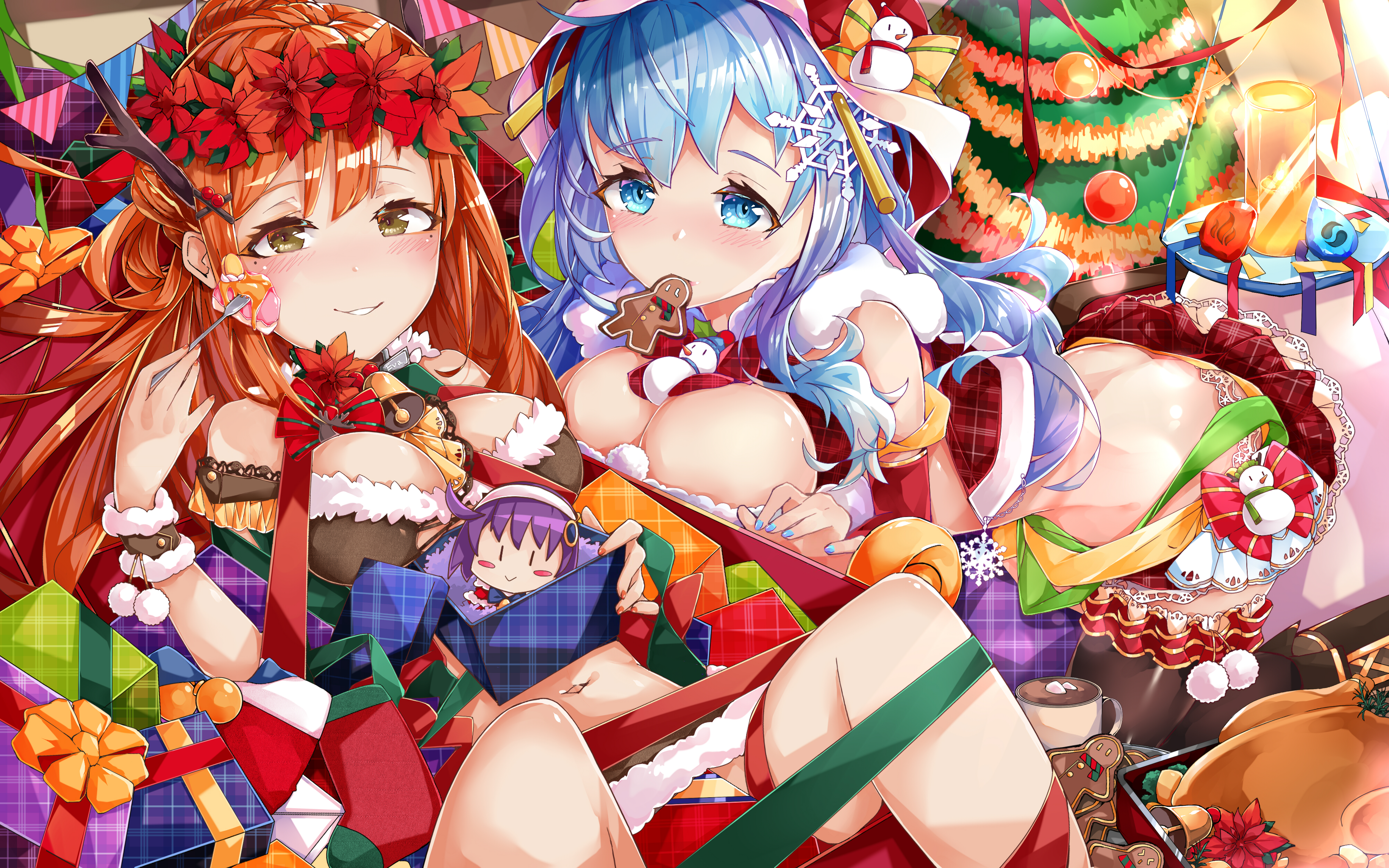 Anime 4000x2500 anime anime girls digital art artwork 2D portrait blue eyes blue hair redhead big boobs boobs Christmas Tower of Saviors Polymer77721
