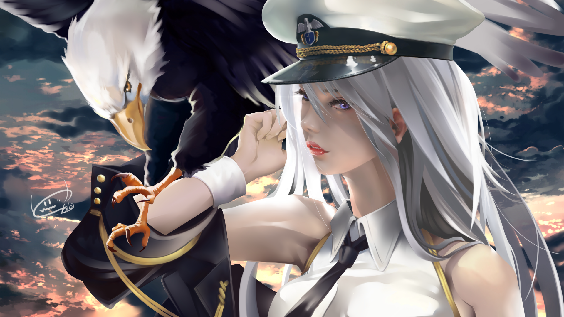 Anime 1920x1080 anime anime girls Enterprise (Azur Lane) uniform eagle white hair blue eyes hands in hair video game characters video games aircraft carrier