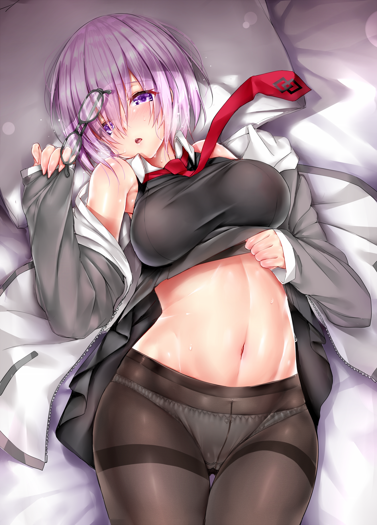 Anime 1323x1839 blushing anime Fate series glasses open mouth panties looking at viewer short hair pillow nails purple hair purple eyes in bed lying on back pantyhose belly lifting dress big boobs anime girls Fate/Grand Order Mash Kyrielight blue gk