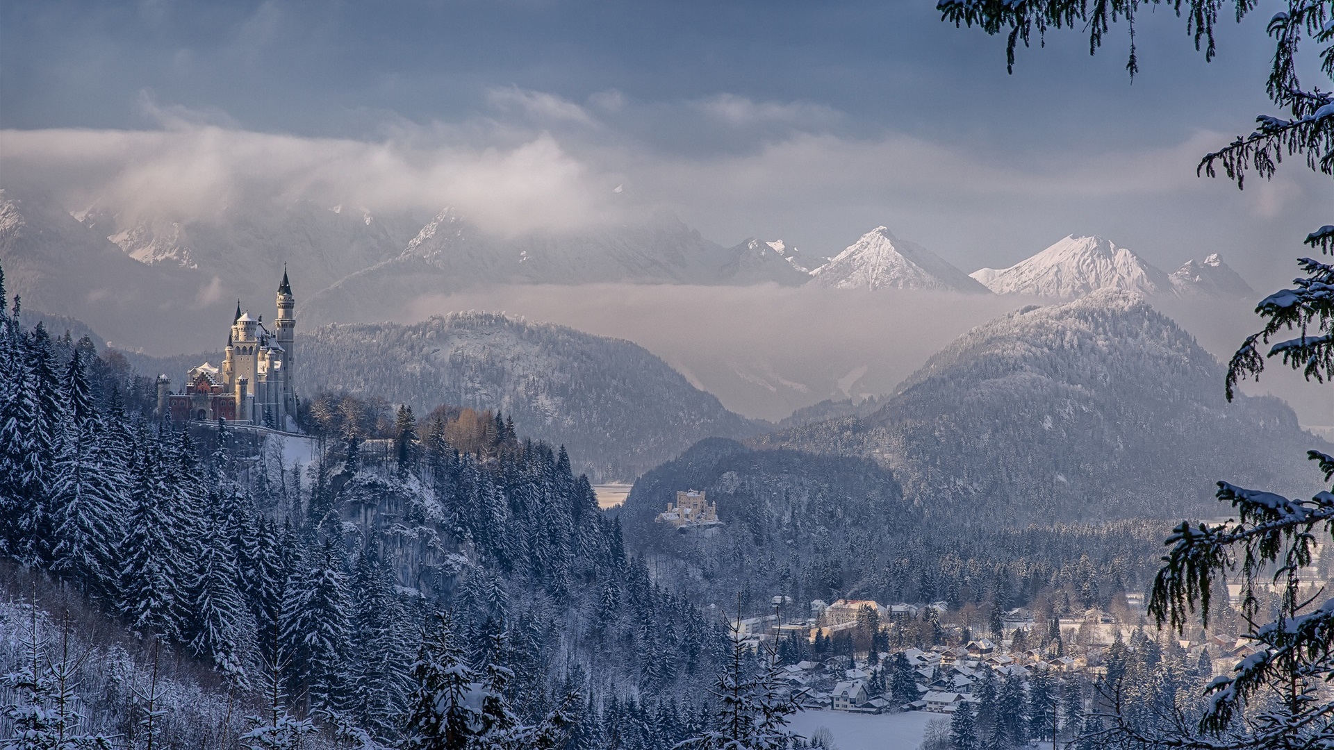 General 1920x1080 forest castle mountains winter clouds sky nature landscape Neuschwanstein Castle