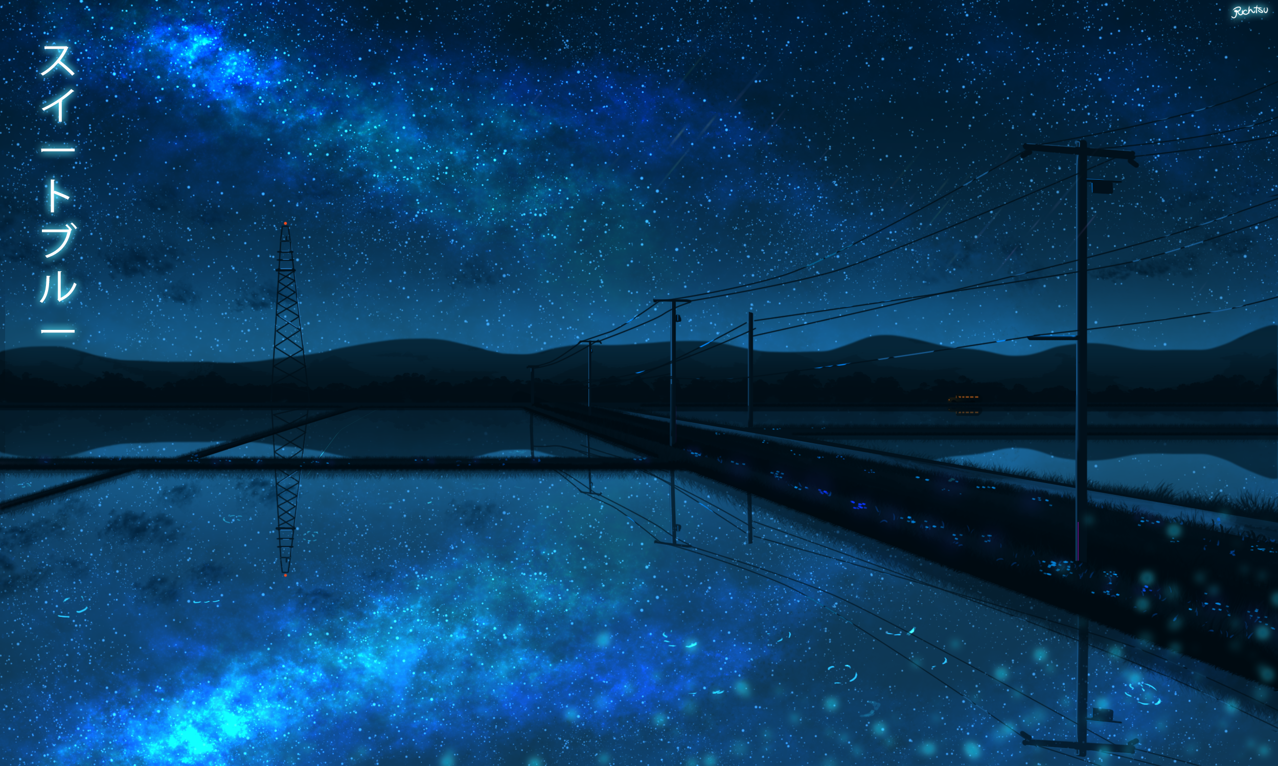Anime 2500x1500 Richtsu digital art sky stars power lines reflection night dark water landscape