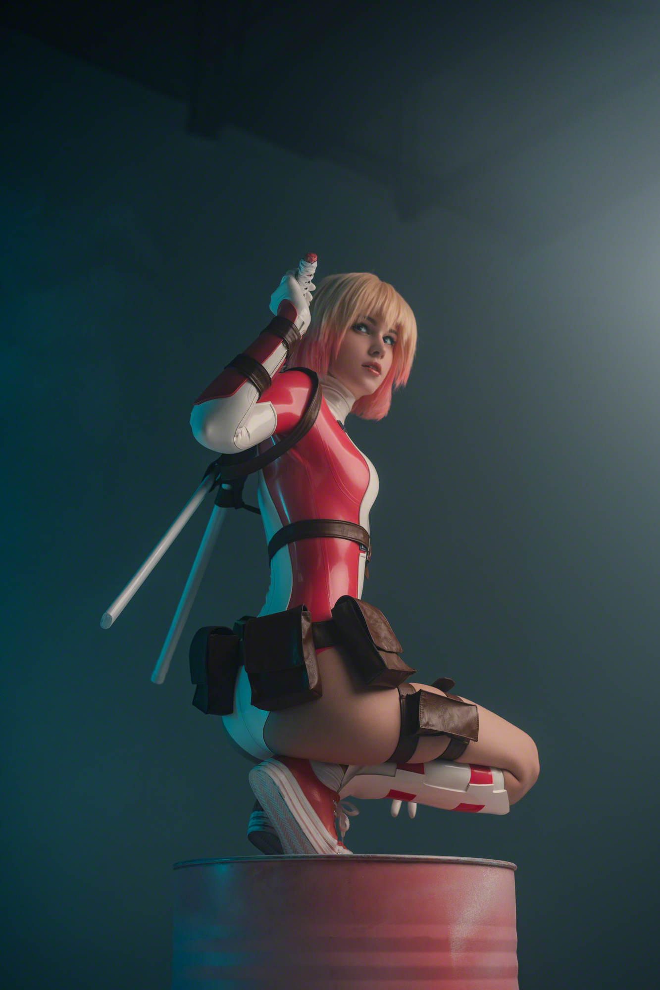 People 1333x2000 women model indoors women indoors cosplay Shirogane Sama Gwenpool weapon squatting thighs simple background parted lips looking away sword Marvel Comics superheroines latex Russian women multi-colored hair
