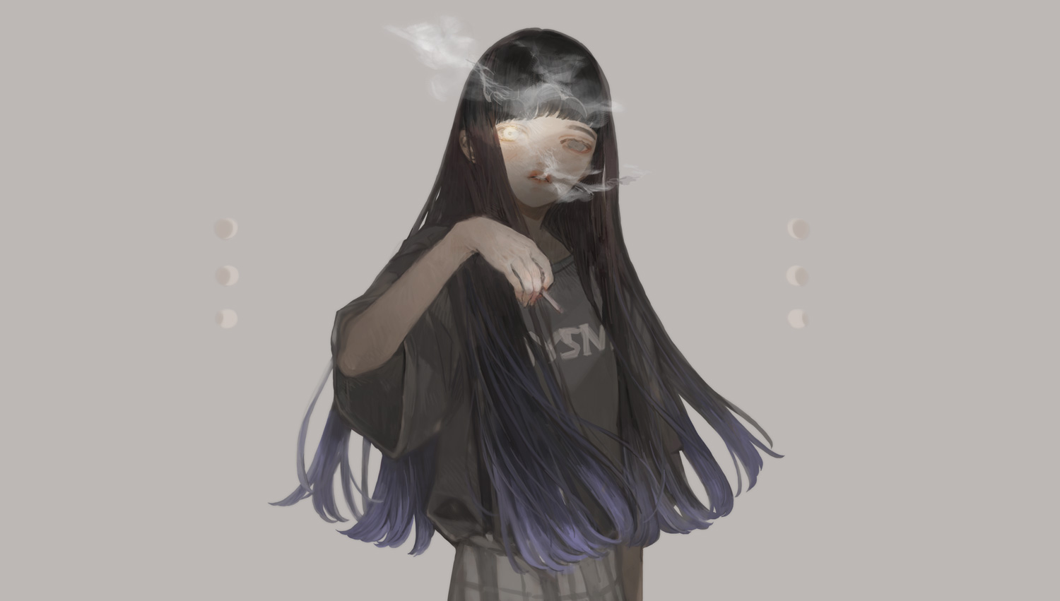 Anime 1500x851 anime anime girls simple background smoking original characters long hair dark hair Nekosuke