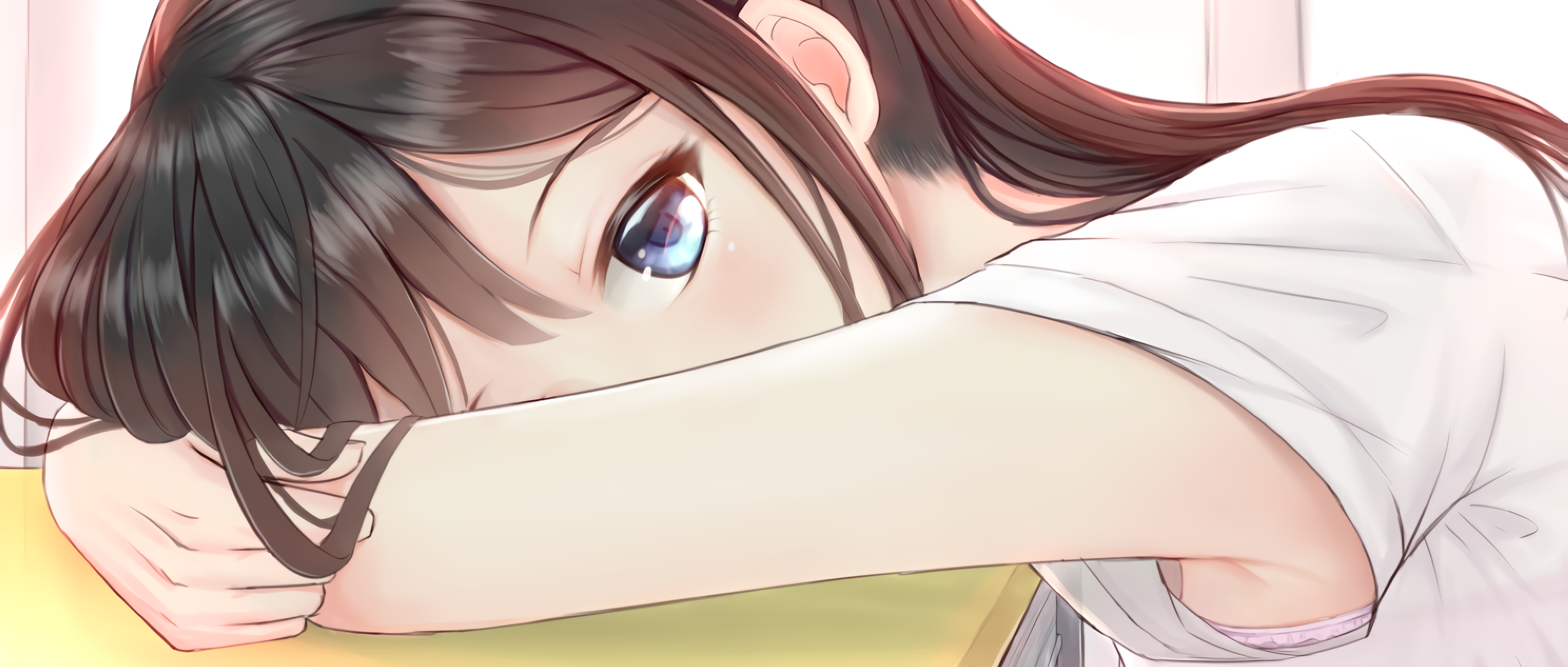 Anime 2560x1089 anime girls pink bra anime blue eyes desk brunette armpits
