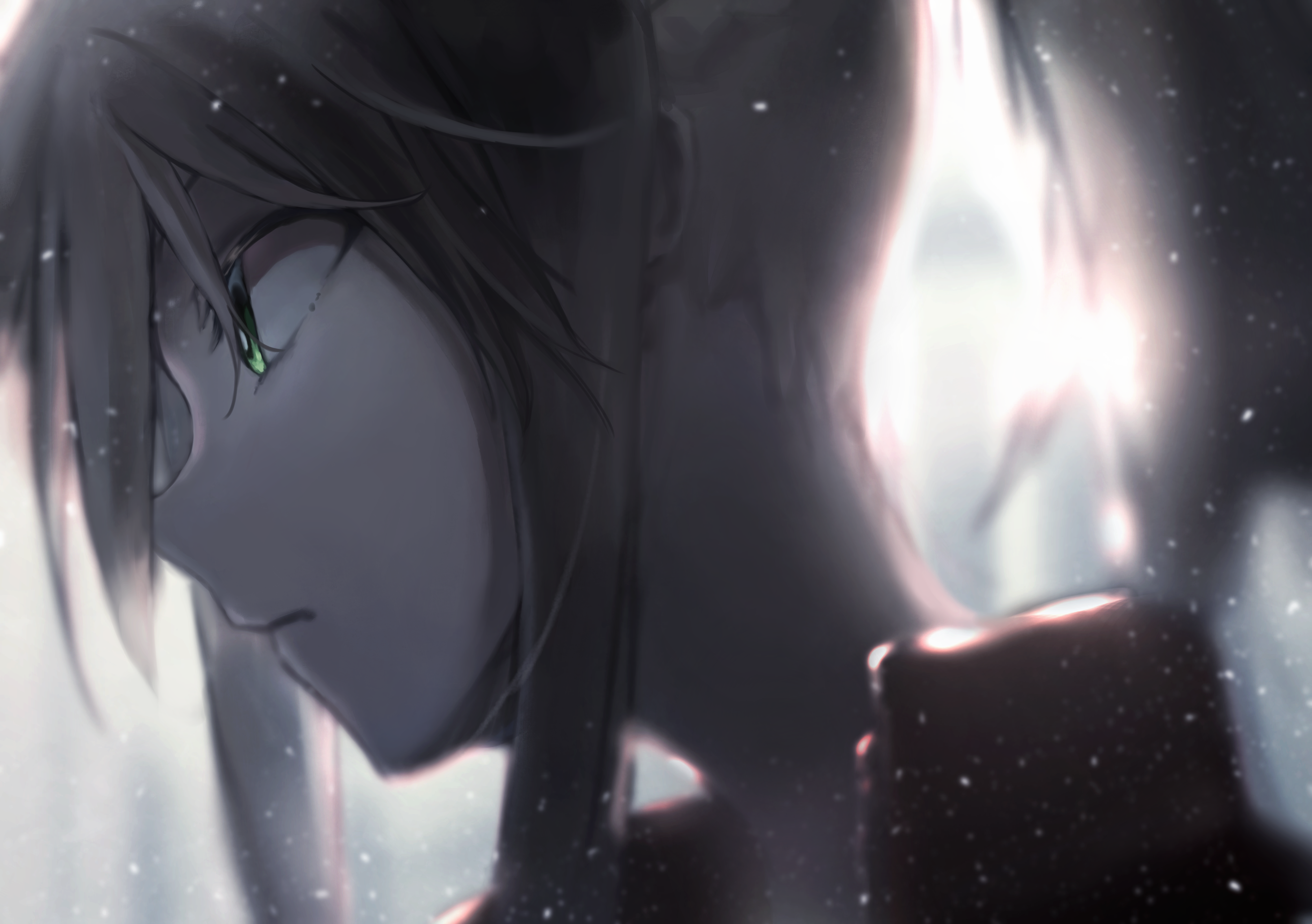 Anime 5065x3568 Fate series Fate/Grand Order Fate/Apocrypha  monochrome red jackets long hair ponytail looking away anime girls 2D Mordred (Fate/Apocrypha) sunset depth of field green eyes fan art snowing winter anime blonde