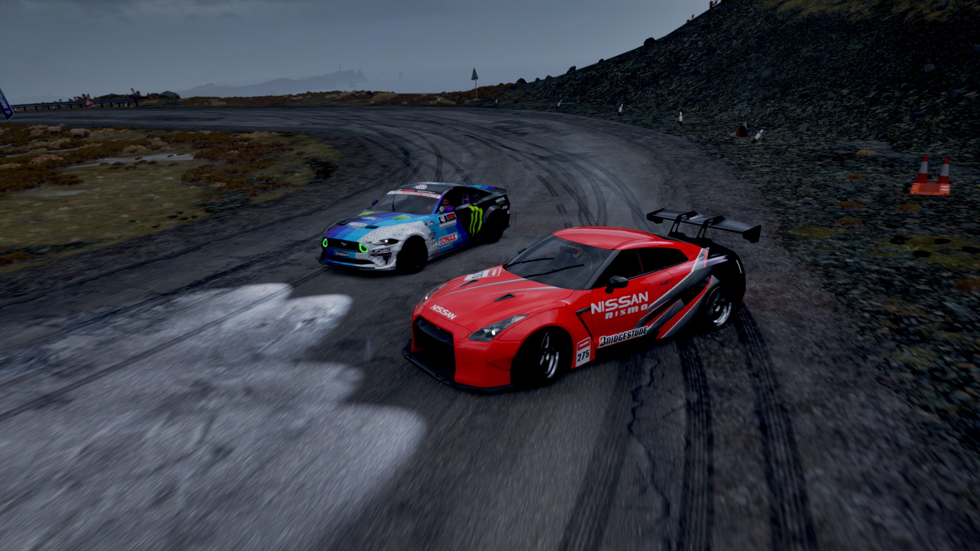 General 1920x1080 Forza Forza Horizon 4 Nissan Nissan GT-R Ford Ford Mustang drift hairpin turns Ford Mustang RTR Ford Mustang S550 livery Japanese cars American cars bodykit PlaygroundGames video games Turn 10 Studios Xbox Game Studios