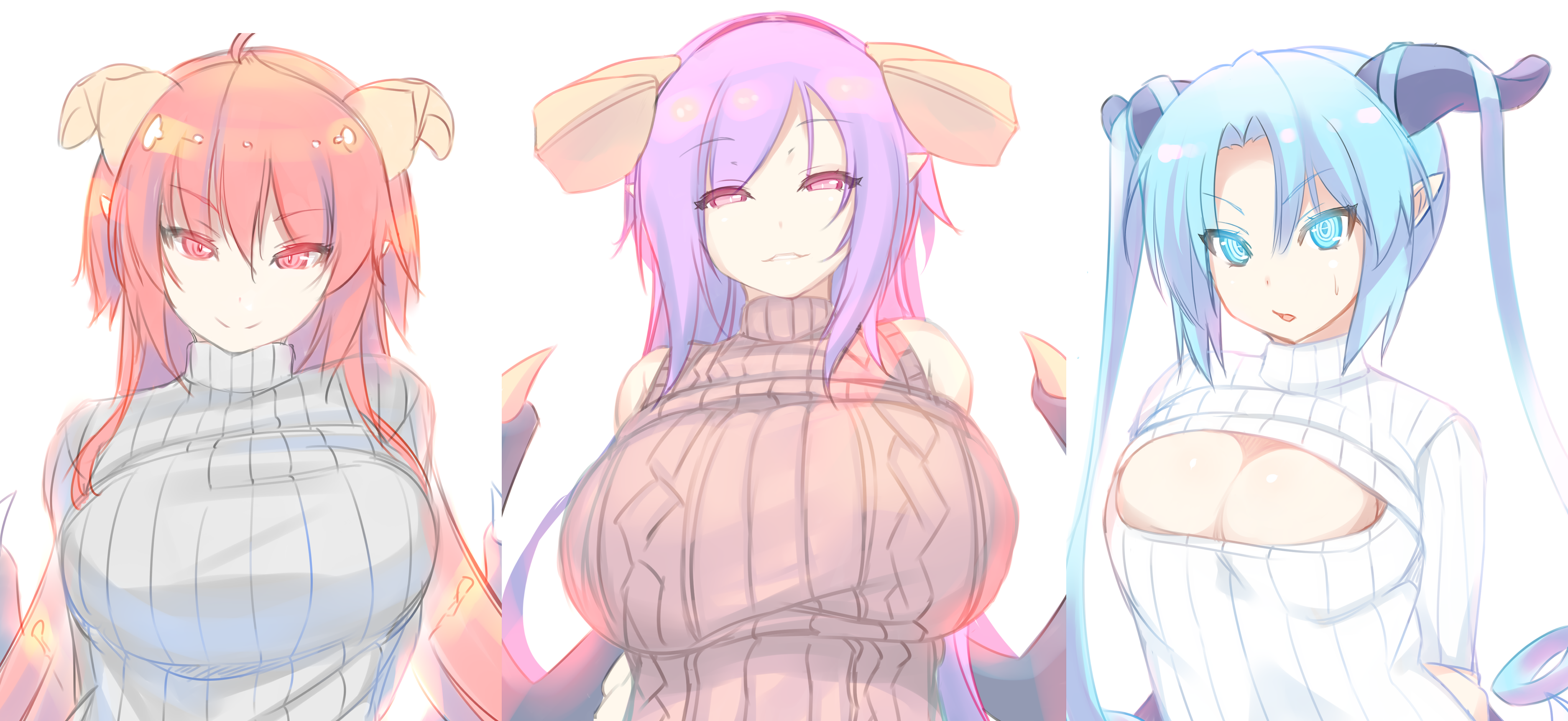 Anime 3750x1725 big boobs succubus cleavage sweater demon horns Monster Girl Quest