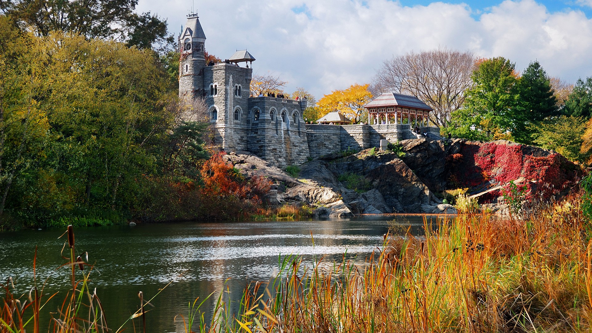 General 1920x1080 nature trees plants grass water clouds sky castle Belvedere Castle New York City USA Central Park