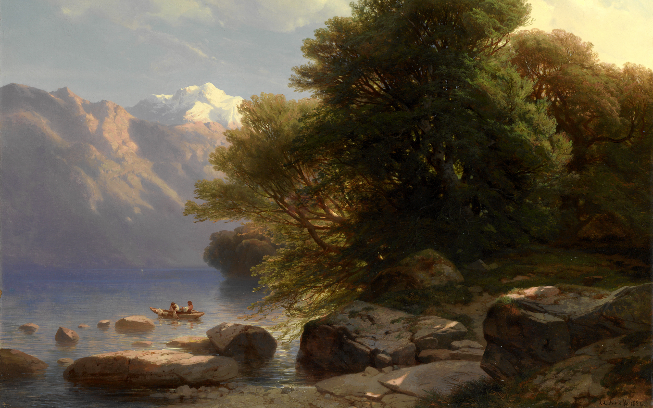 General 2560x1600 traditional art boat artwork nature trees Alexandre Calame The Lake of Thun (1854) classic art signature