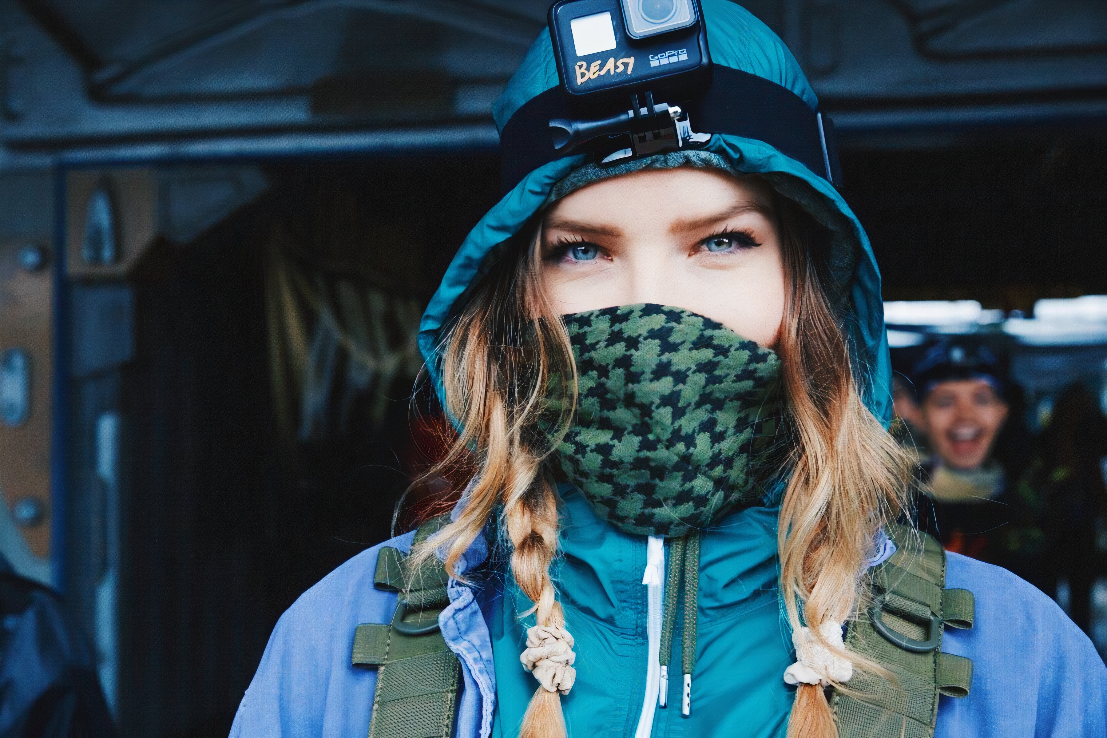 People 3600x2400 KittyPlays blue eyes women covering face blue jacket braids looking at viewer hoods blue clothing camera closeup