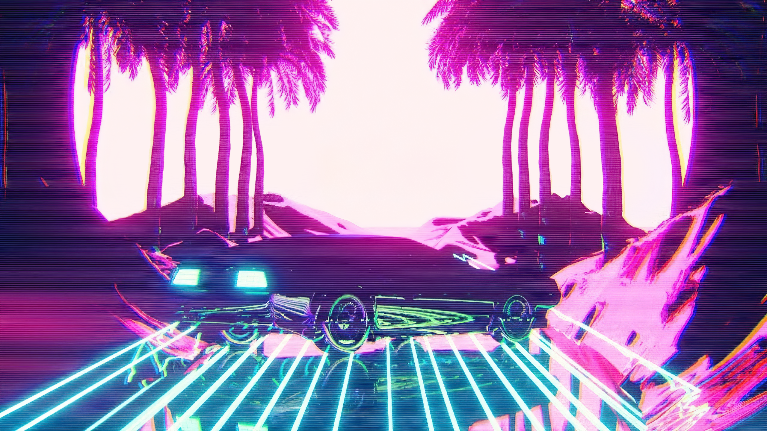 General 2560x1440 artwork digital art car pink neon trees retrowave DeLorean