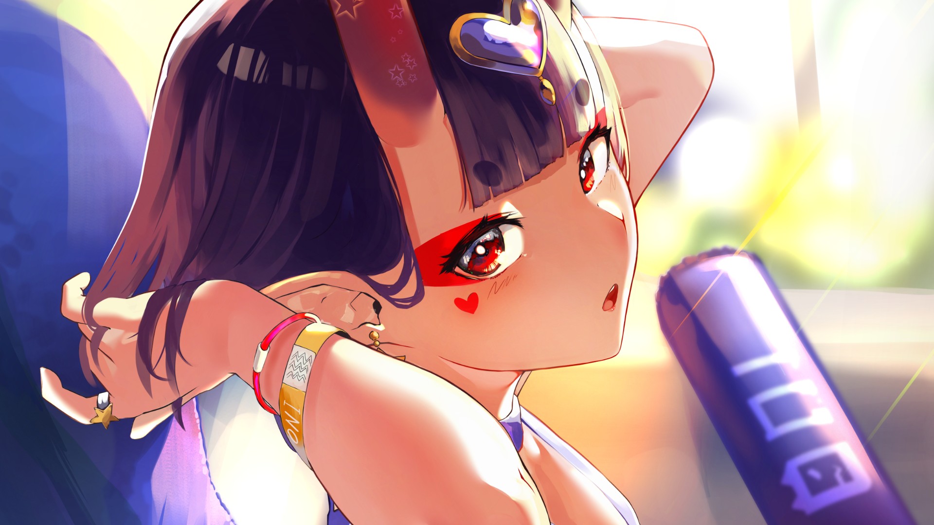 Anime 1920x1080 anime girls short hair looking at viewer red eyes Fate series Fate/Grand Order bangs horns rings bracelets blushing face paint Shuten Douji (Fate/Grand Order) anime oni girl Okoru Ringo arms up face closeup women open mouth