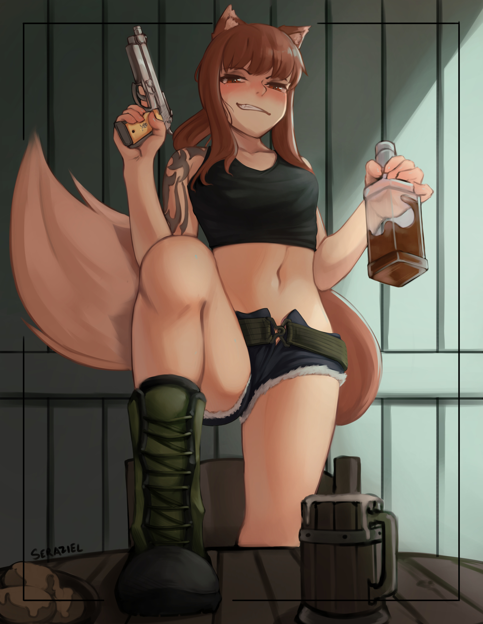 Anime 1575x2036 Black Lagoon Spice and Wolf crossover girls with guns inked girls small boobs jean shorts bare shoulders open shorts black top long hair ponytail 2D anime girls alcohol drinking black boots smiling thighs thick thigh Revy Holo (Spice and Wolf) underboob belly button the gap no bra portrait display brunette looking at viewer red eyes blushing drunk leg up fan art curvy anime Beretta 92FS wolf girls