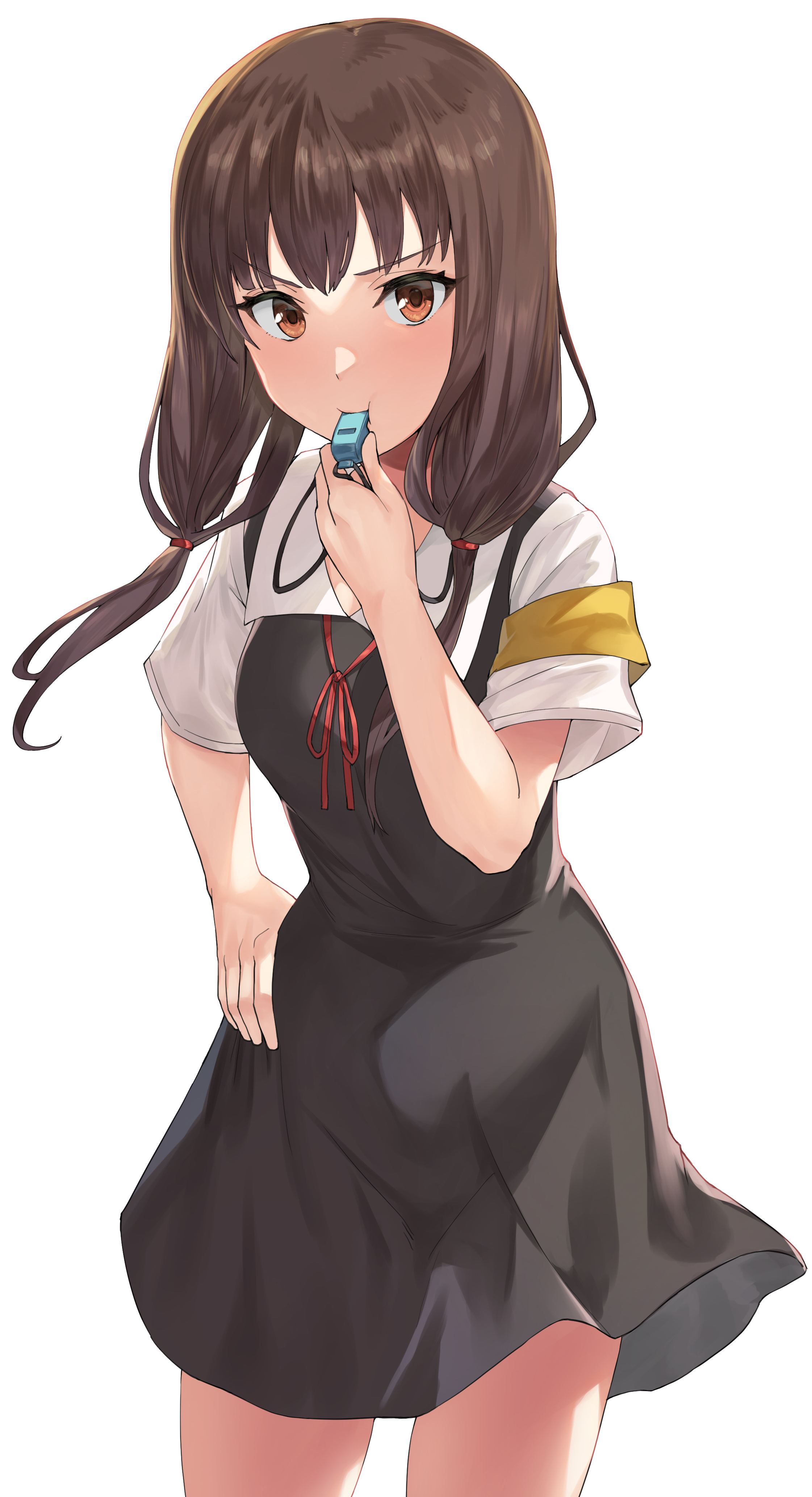 Anime 2242x4129 Kaguya-Sama: Love is War anime girls thighs school uniform JK long hair black dress small boobs brunette 2D Miko Iino blushing simple background portrait display looking at viewer curvy arched back brown eyes whistle anime twintails