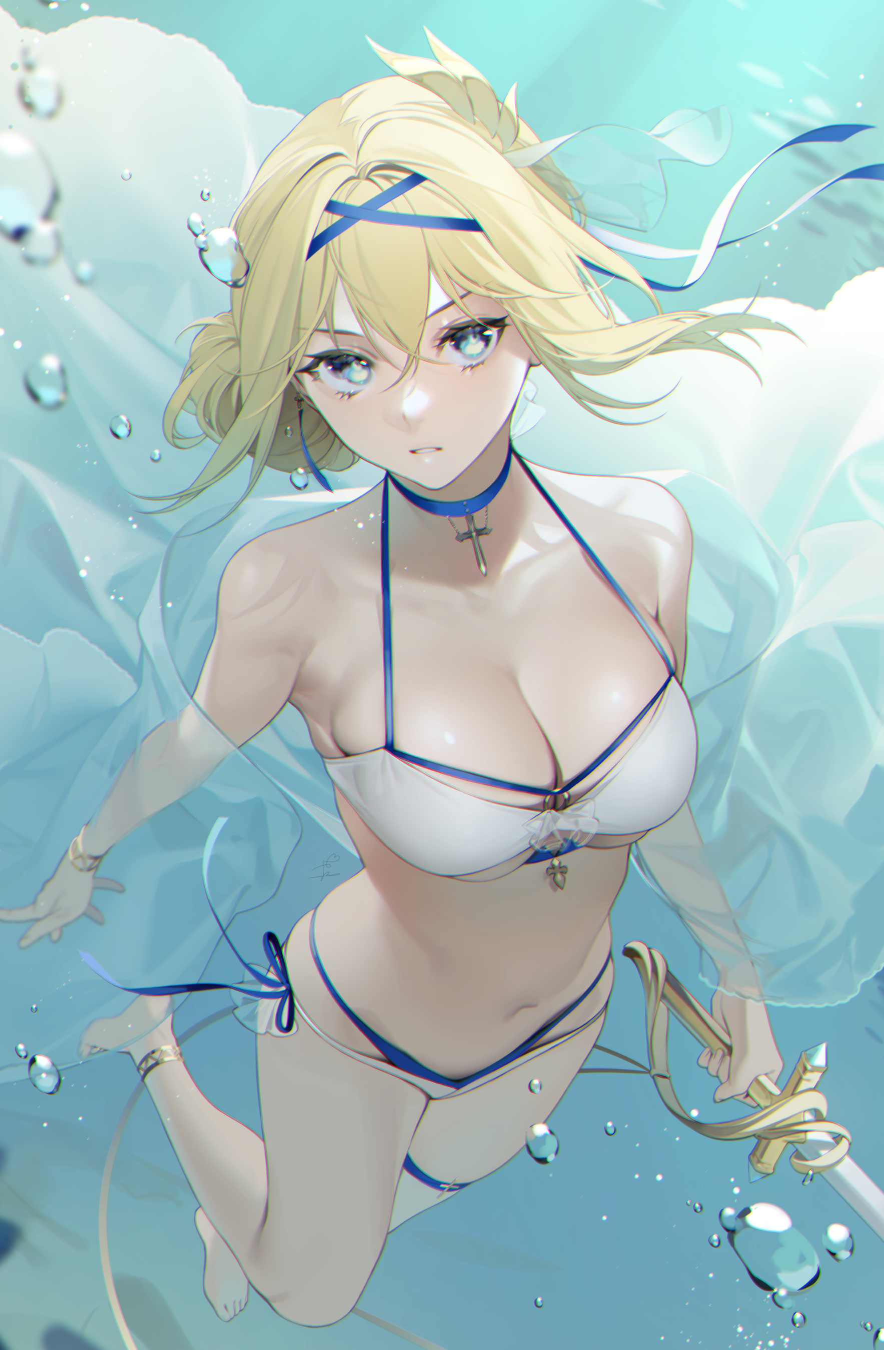 Anime 1767x2699 anime girls anime digital art artwork 2D portrait display bikini cleavage big boobs underwater sword blonde blue eyes ohisashiburi Azur Lane Jeanne d'Arc (Azur Lane)