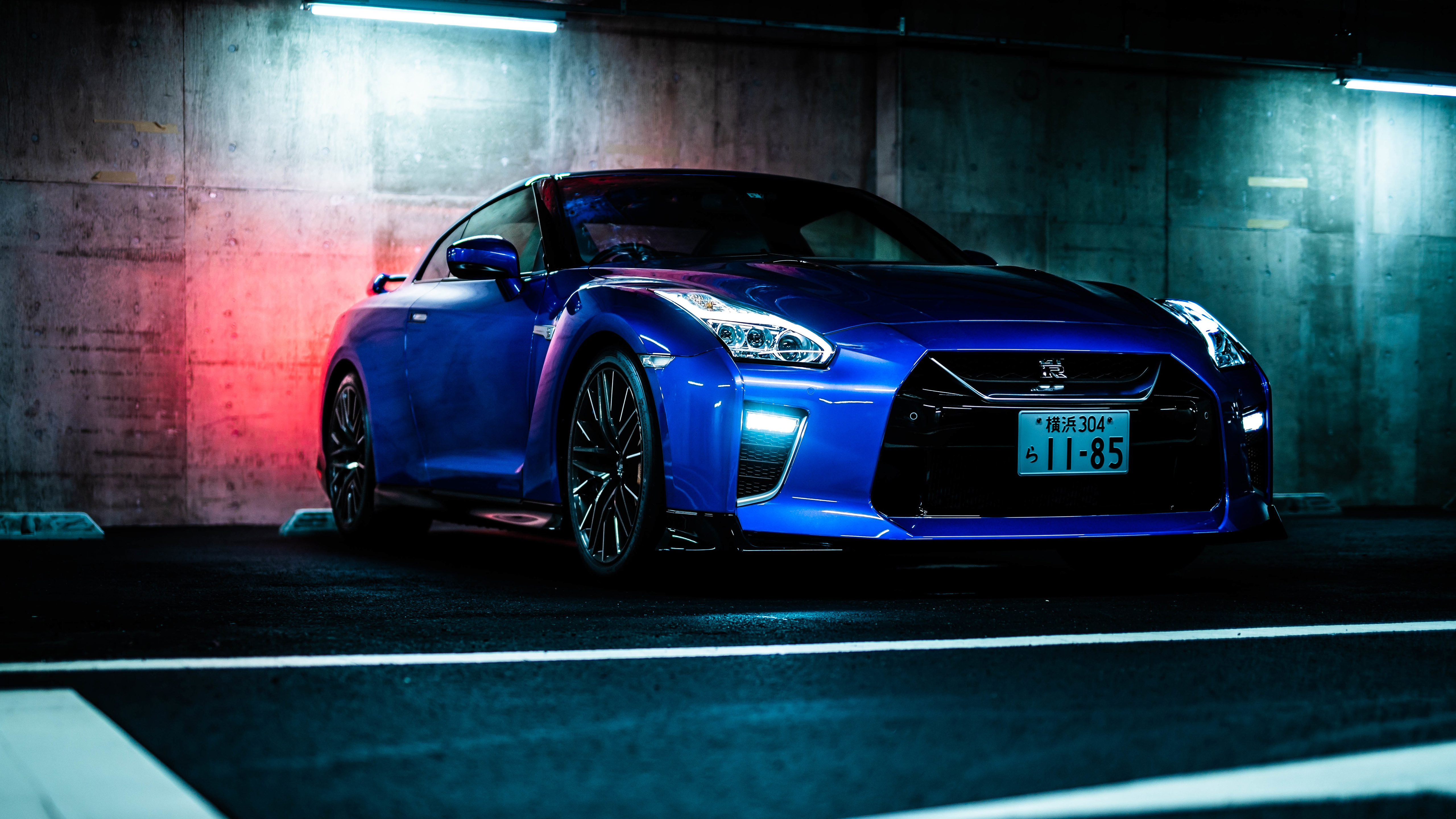 General 5120x2880 car vehicle parking lot low light supercars blue cars Nissan Nissan GT-R Japanese cars