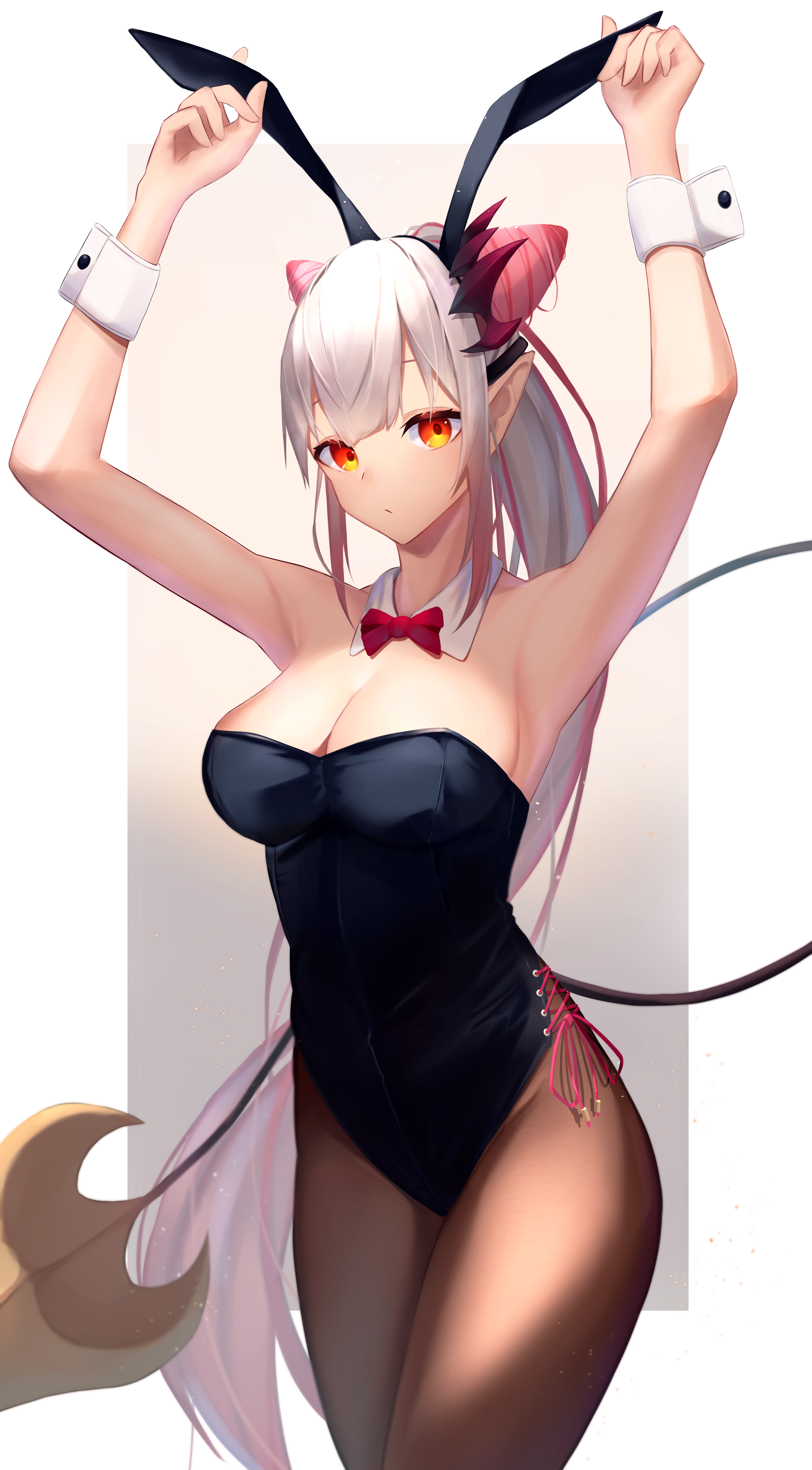 Anime 4655x8427 anime anime girls digital art artwork 2D portrait display Mugi Maccha demon girls bunny suit cleavage pantyhose leotard bare shoulders tail pointy ears silver hair long hair ponytail orange eyes