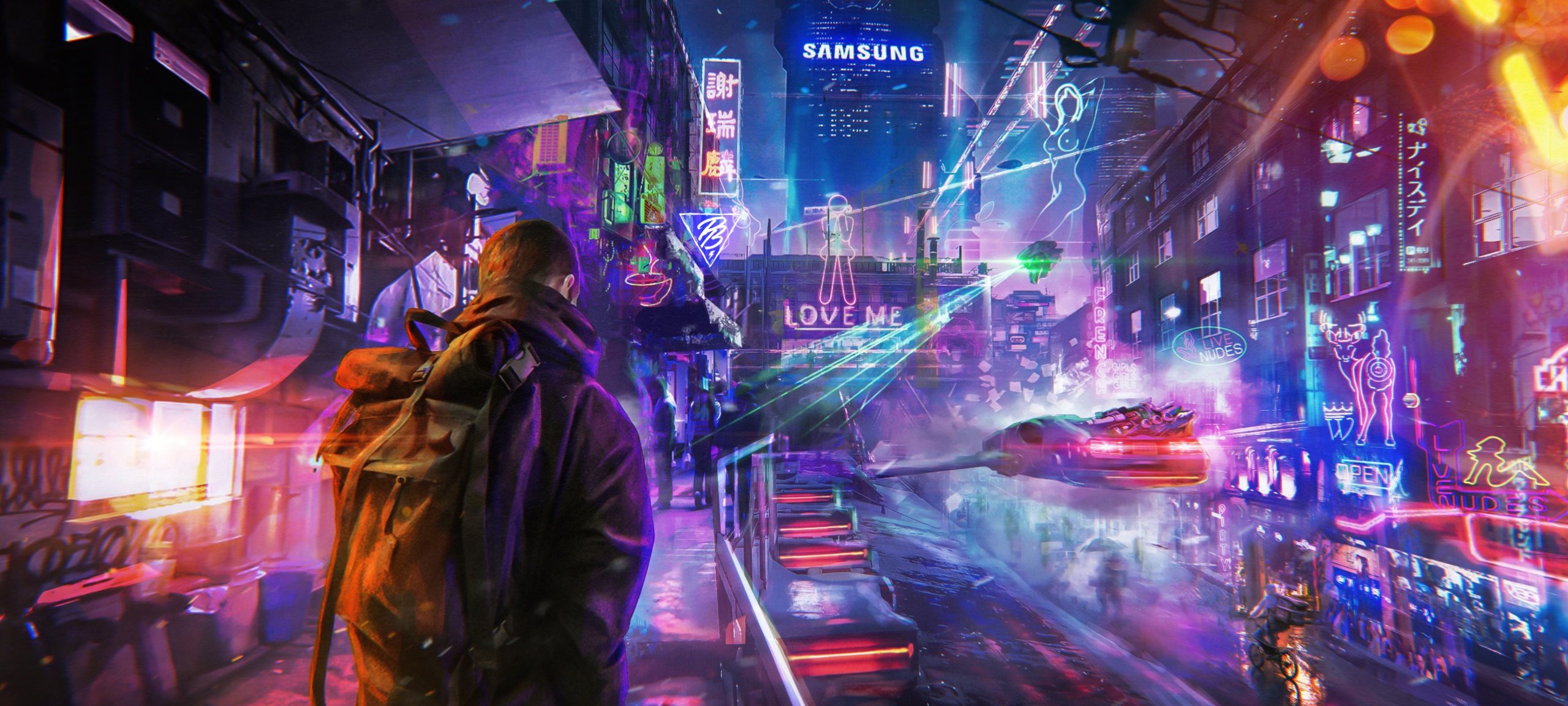 General 2560x1153 men jacket backpacks futuristic futuristic city city cyberpunk artwork digital art photoshopped people night street Samsung building neon Pavel Bondarenko ultrawide