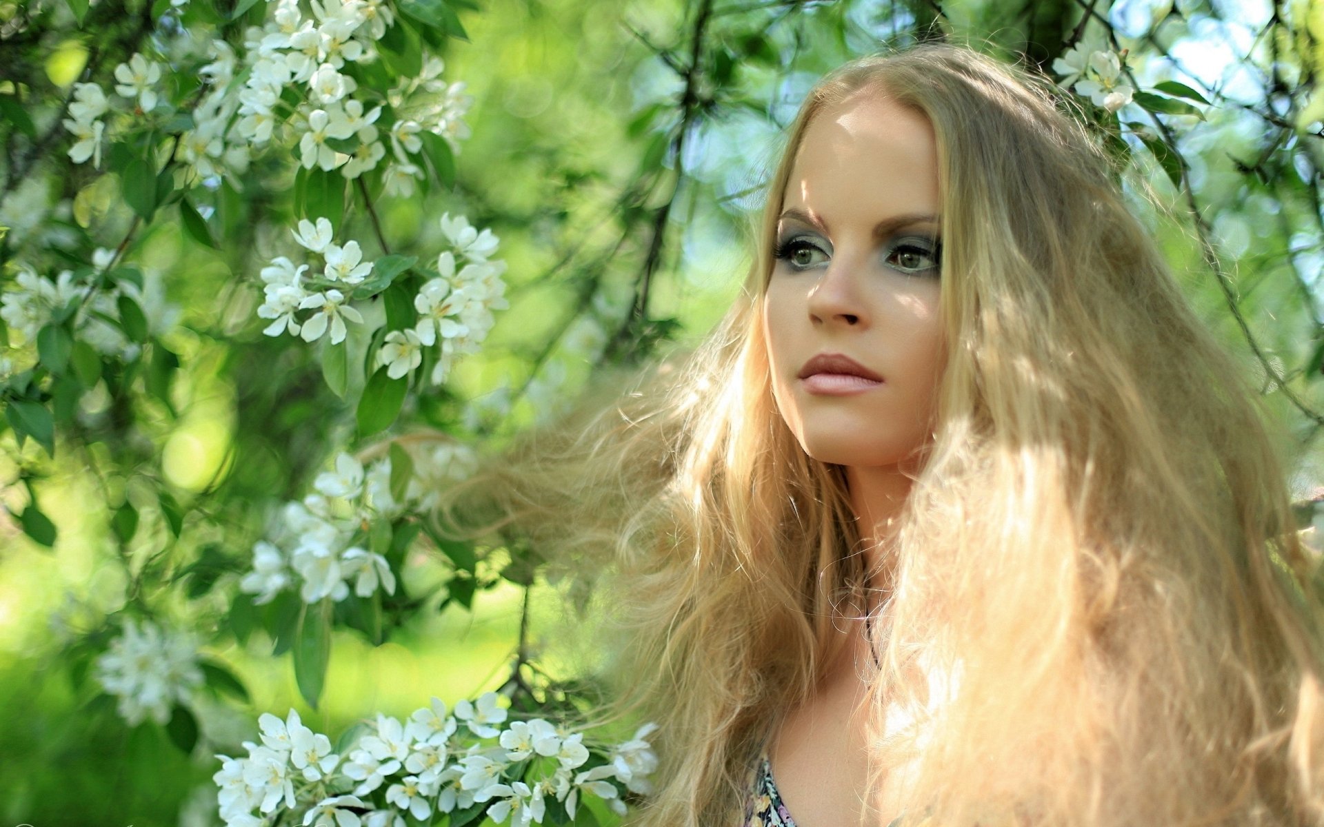 women, model, blonde, long hair, women outdoors, face, trees, flowers ...