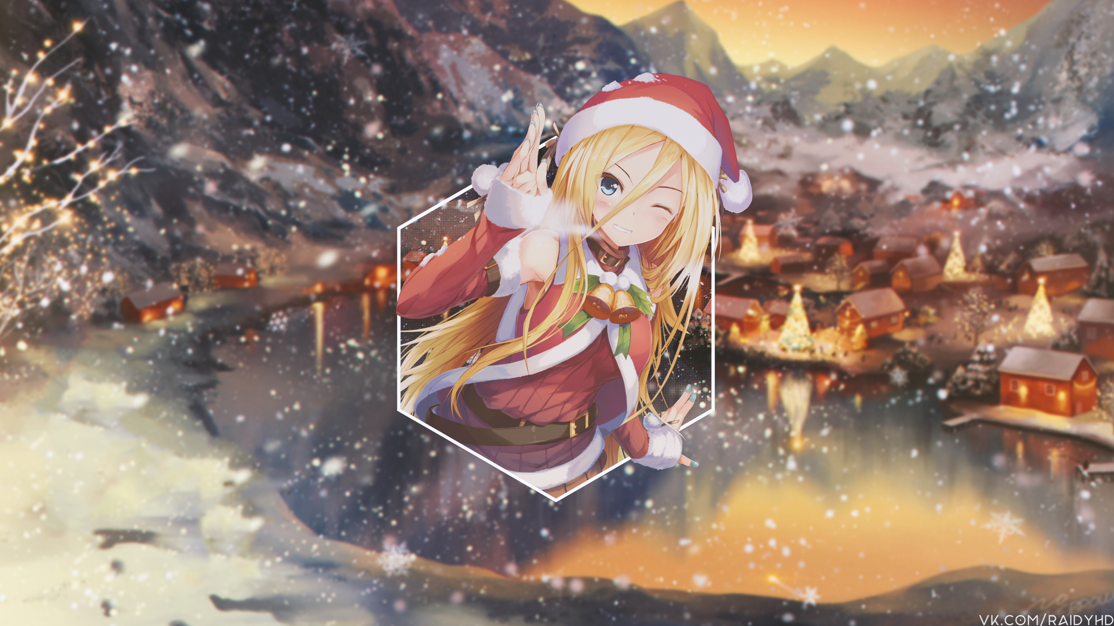 Anime 3840x2160 anime anime girls picture-in-picture Christmas Santa hats blonde blue eyes