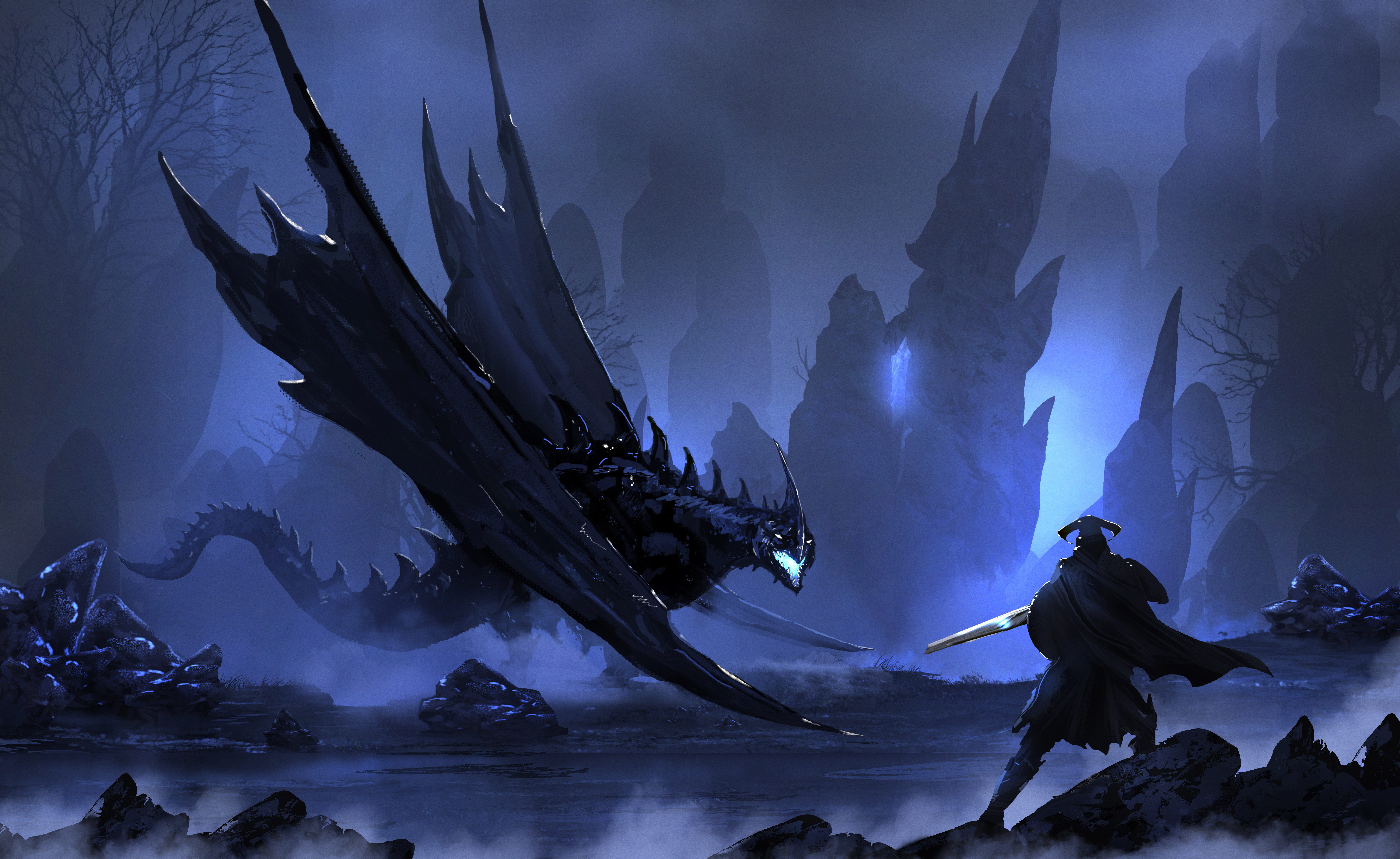 General 6600x4050 digital art warrior dragon sword fantasy art blue mountains