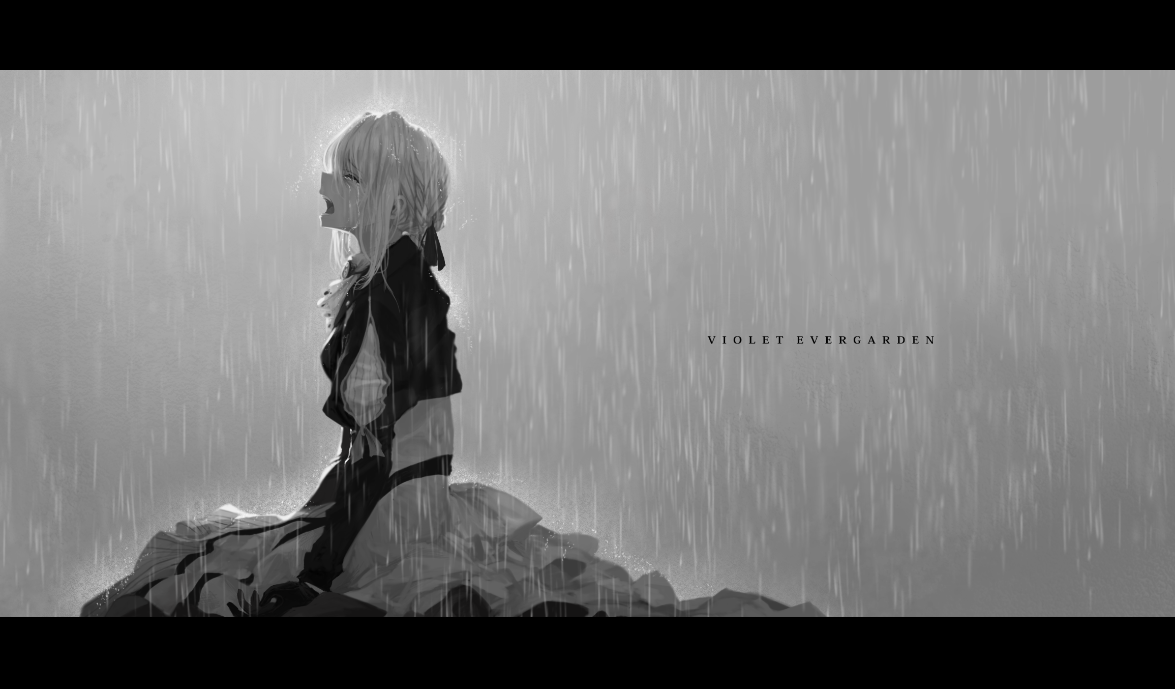Anime 2311x1354 Violet Evergarden anime girls monochrome crying open mouth rain anime