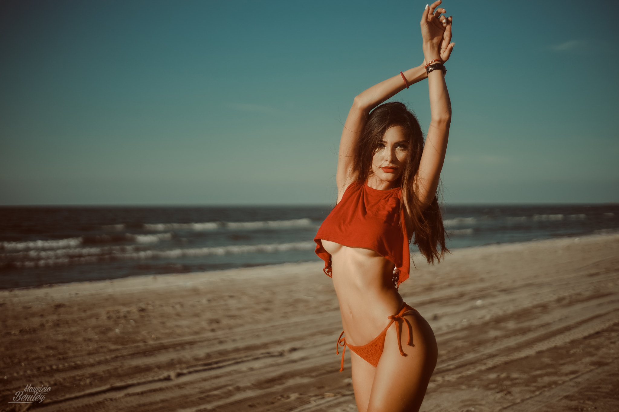 People 2048x1365 women sea beach sand women outdoors belly arms up underboob boobs white nails swimwear red bikini red lipstick Edith Ruiz