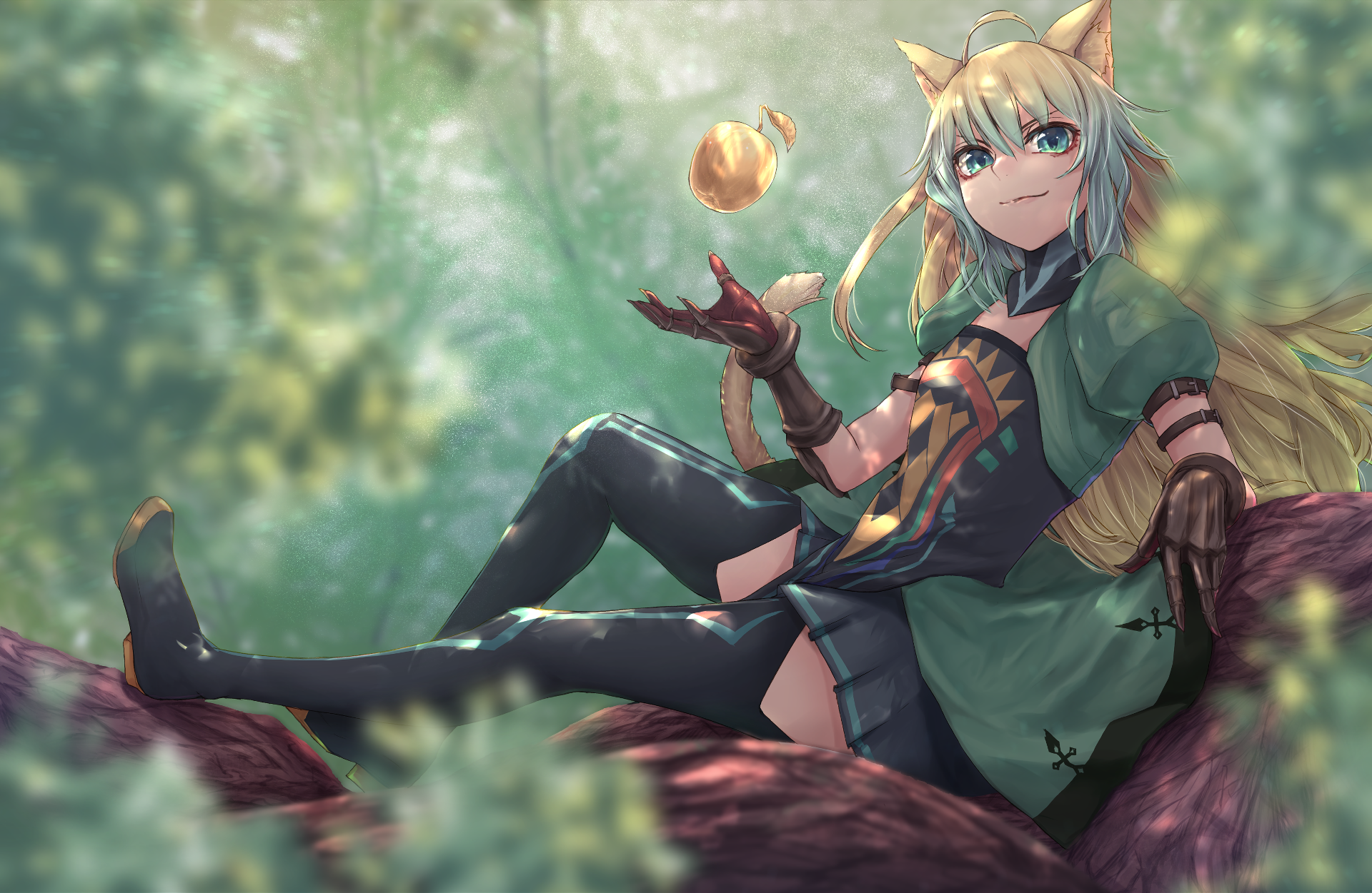 Anime 1920x1251 Fate/Apocrypha  Fate series anime anime girls green dress green eyes black boots small boobs apples gradient hair green hair 2D smiling curvy sitting looking at viewer ahoge fan art animal ears tail cat girl Fate/Grand Order Atalanta (Fate/Grand Order) Plasticlivido