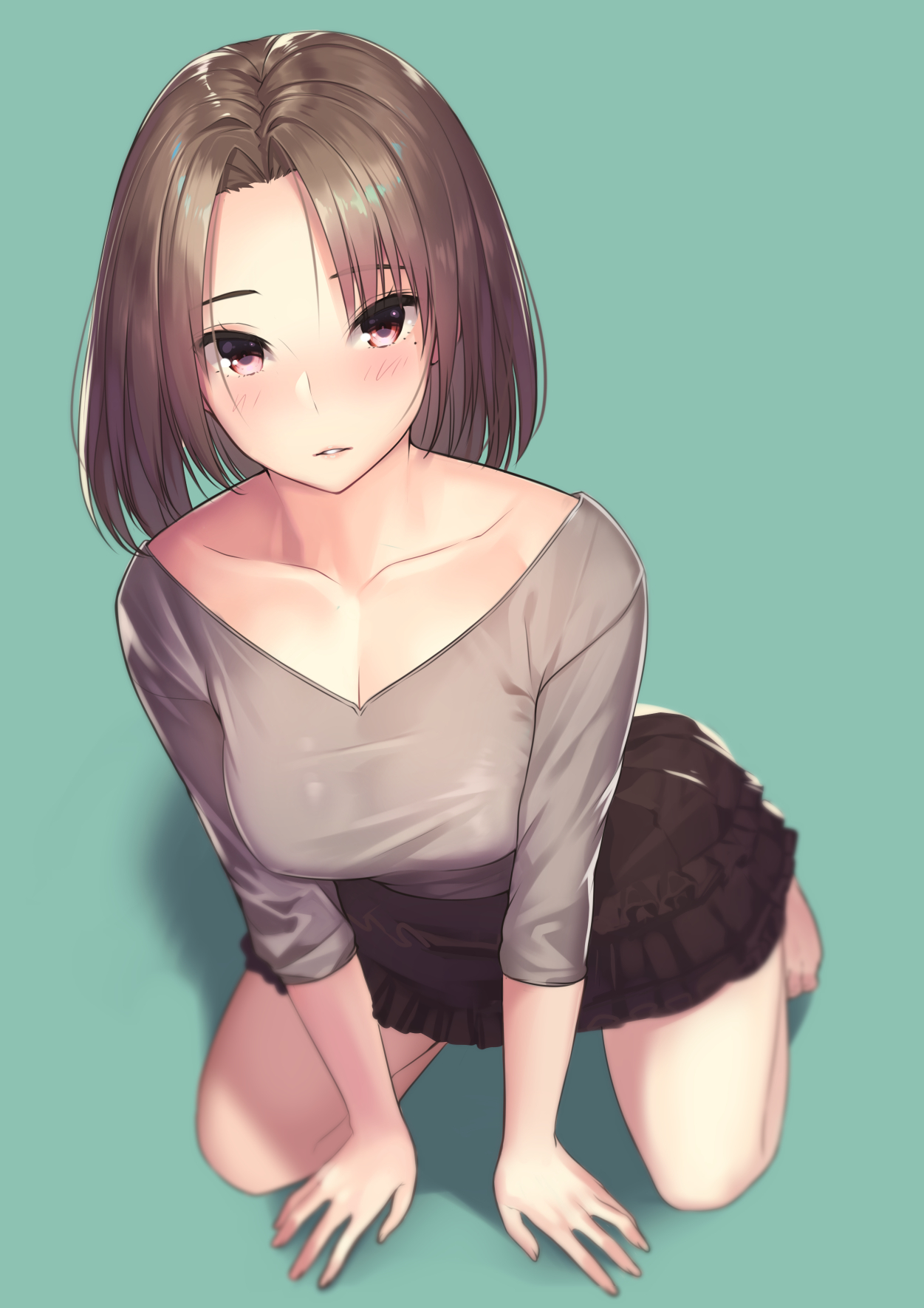 Anime 1251x1770 simple background cleavage short hair brunette blushing bare shoulders no bra kneeling anime girls Kagematsuri