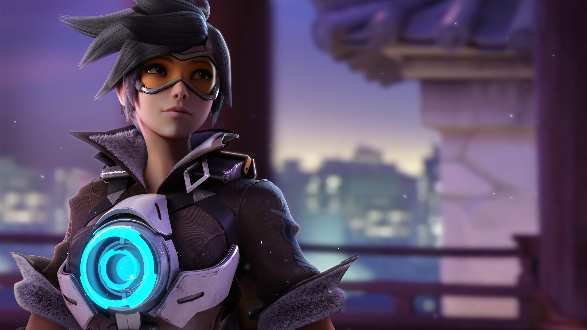 General 1920x1080 Tracer (Overwatch) PC gaming digital art video game characters CGI looking away video games video game girls goggles video game art short hair blurred blurry background fur trim Overwatch closed mouth freckles