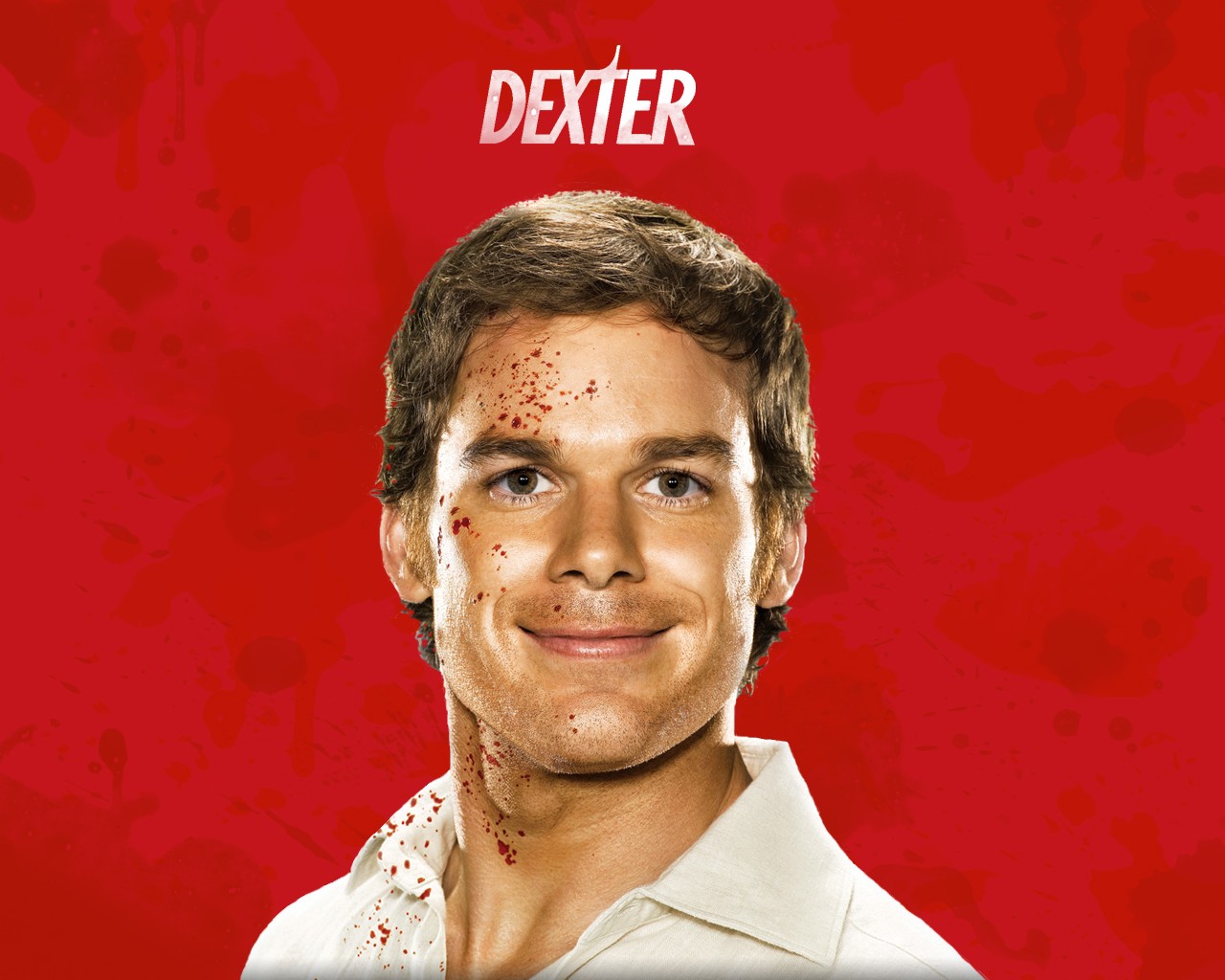 General 1280x1024 smiling criminal Dexter TV series blood spatter actor men face looking at viewer red background blood promotional