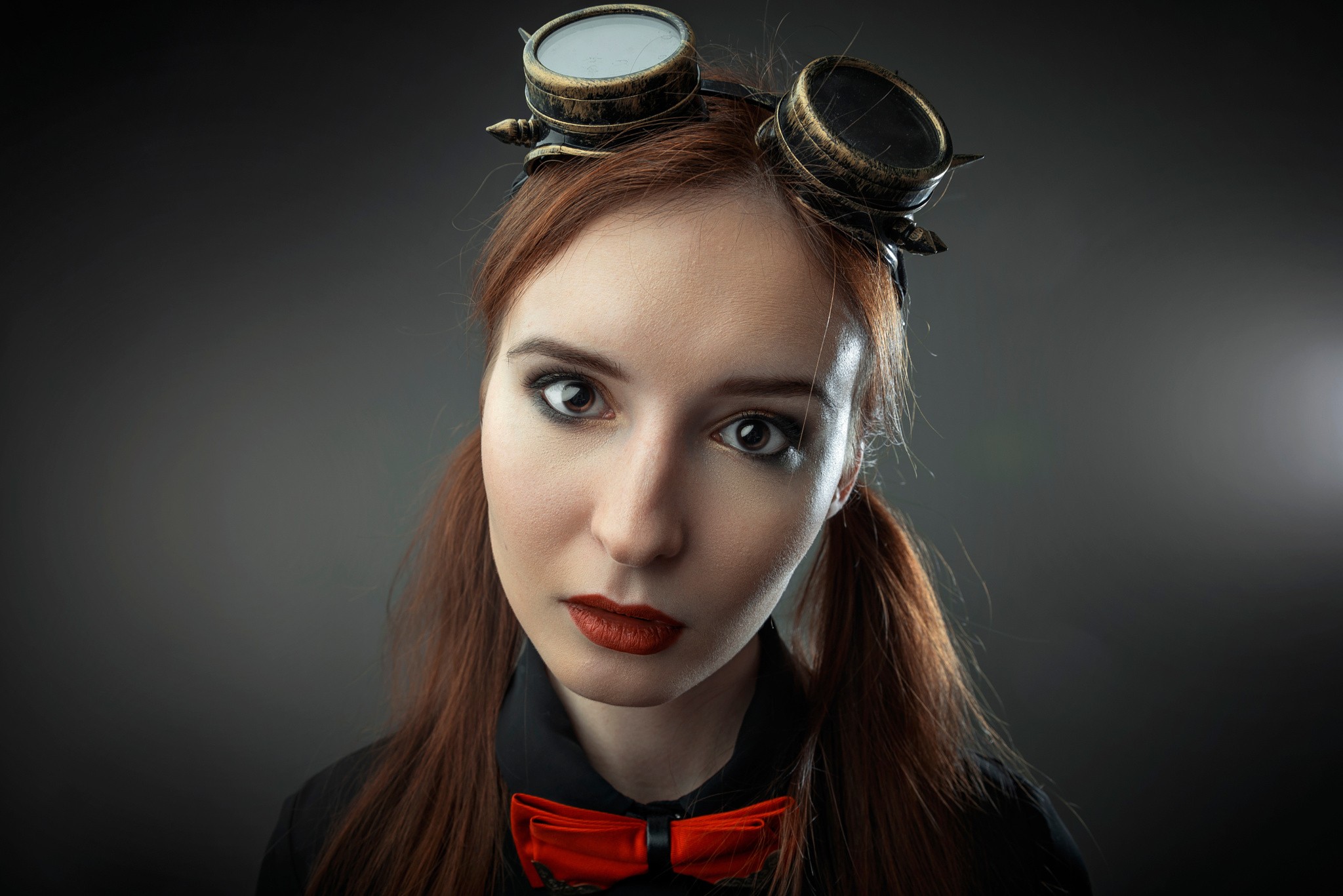 People 2048x1367 women redhead simple background face portrait red lipstick glasses steampunk closeup women indoors indoors makeup gray background studio looking at viewer lipstick goggles model long hair