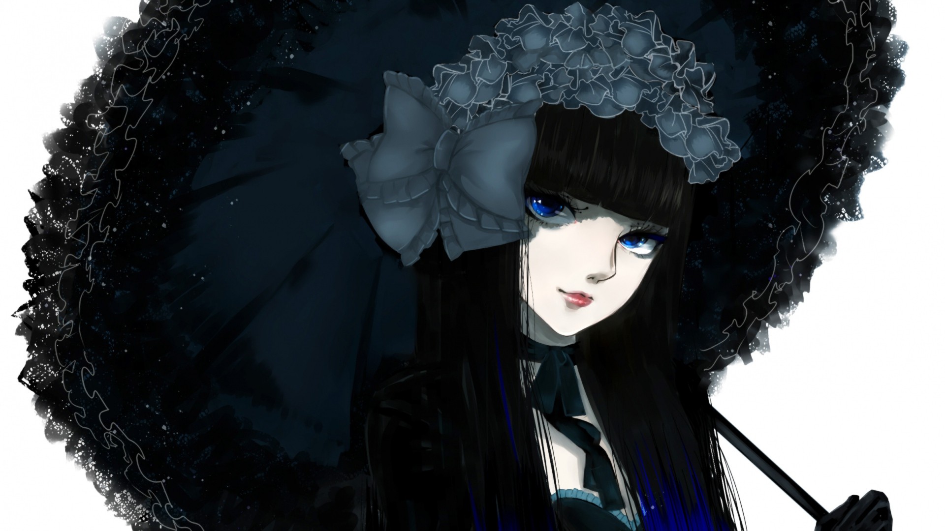 Anime 1920x1080 anime black hair umbrella looking at viewer women with umbrella face white background portrait women with hats women gothic lolita cropped blue eyes minimalism simple background gothic anime girls hair bows