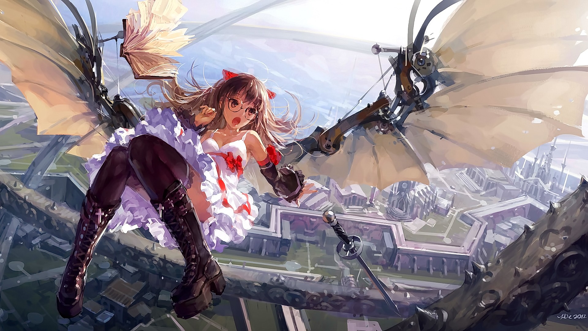 Anime 1920x1080 anime anime girls long hair brunette gray eyes looking away wings artwork fantasy art fantasy girl stockings boots sword open mouth women with glasses watermarked 2012 (Year)